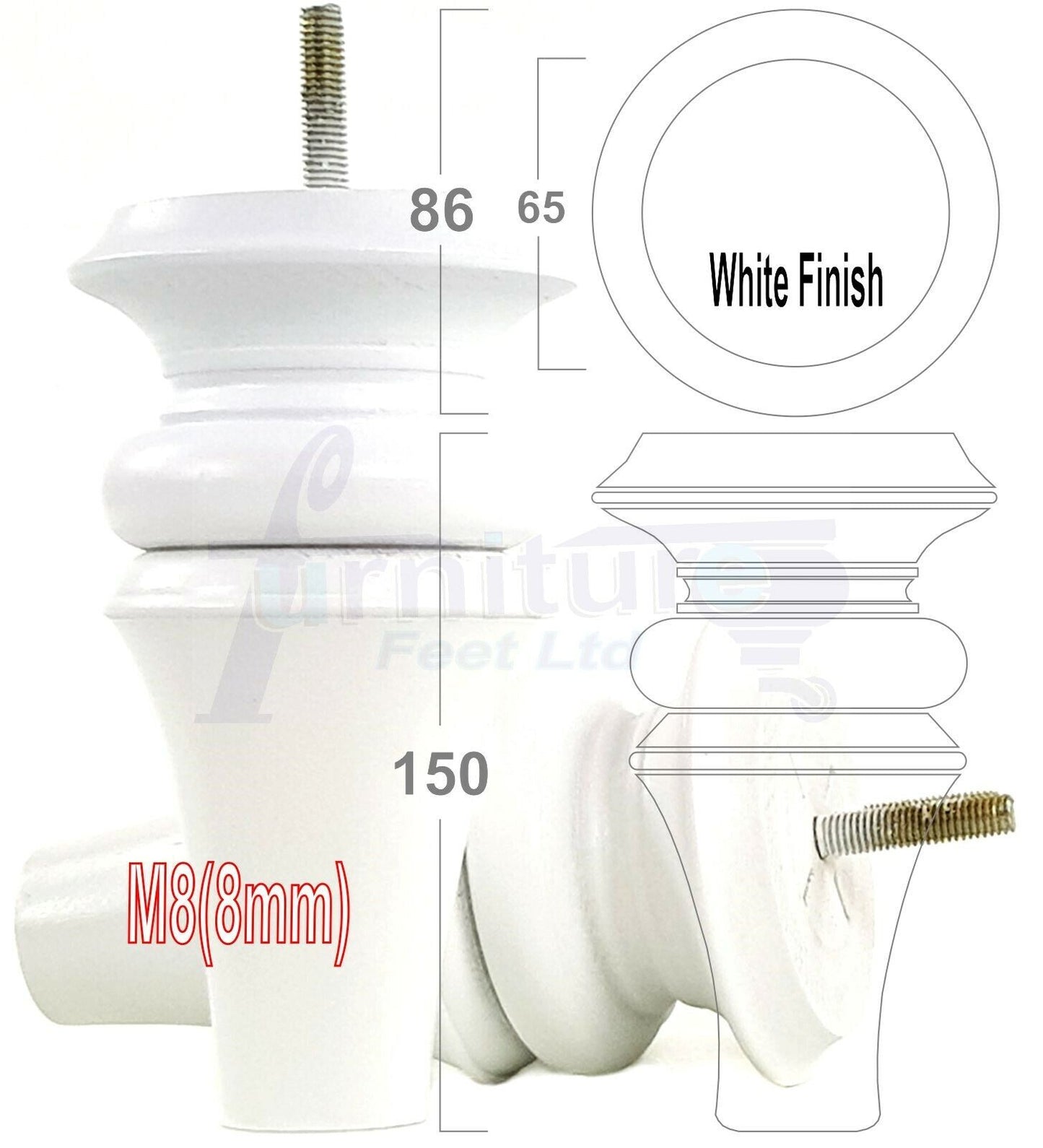 4x Turned Furniture Legs 150mm High M8(8mm) Replacement Feet