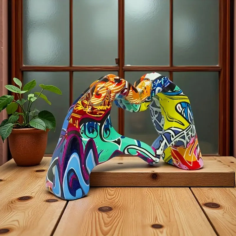 Colourful Graffiti Heart Hands Sculpture Modern Resin Art Modern Abstract Heart Decor 12cm High