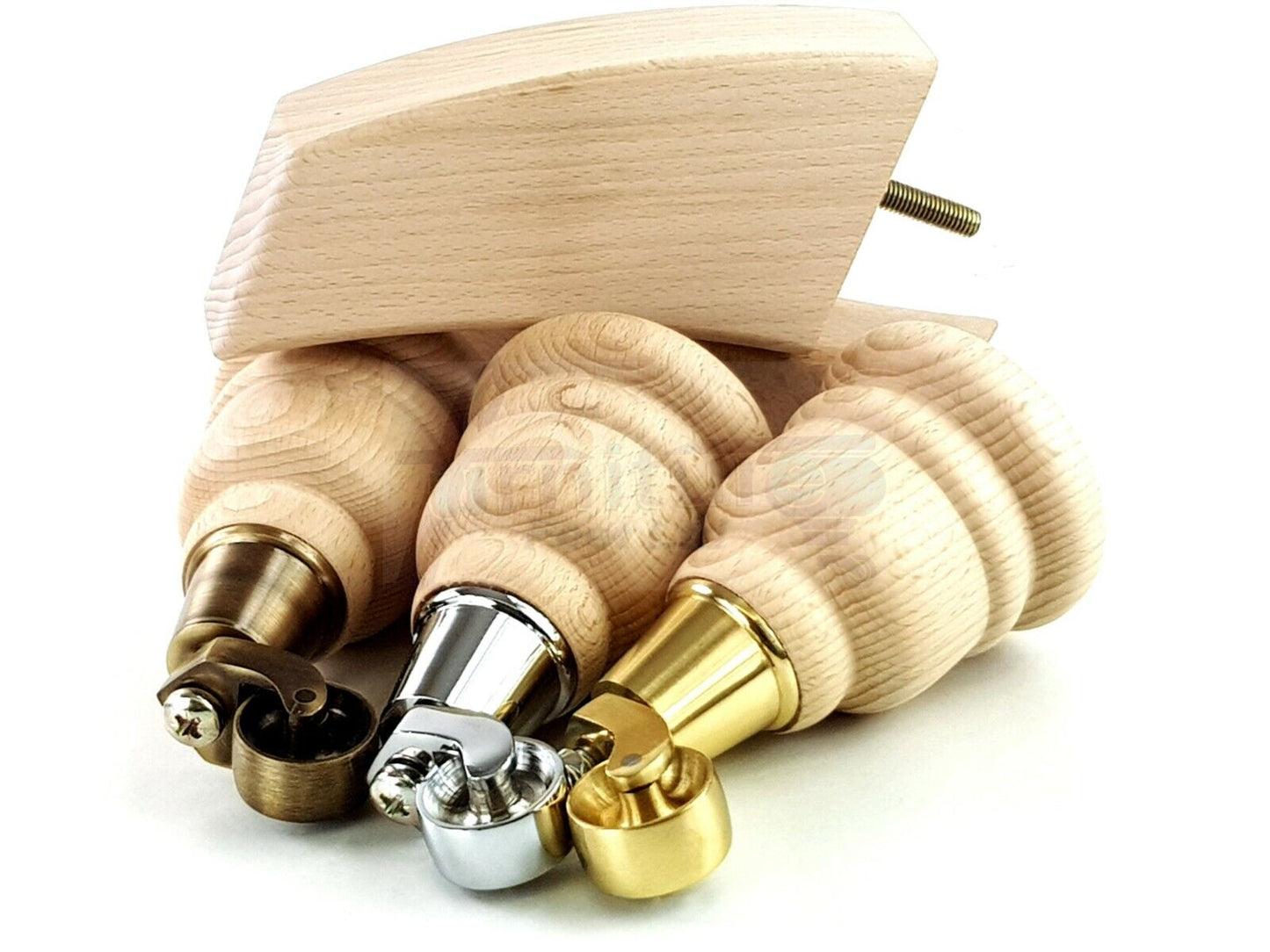 Turned Furniture Legs 2x with Castors 155mm & 2x Curved Back Feet Raw Wood M8 Dowl Fixing 6 Inches