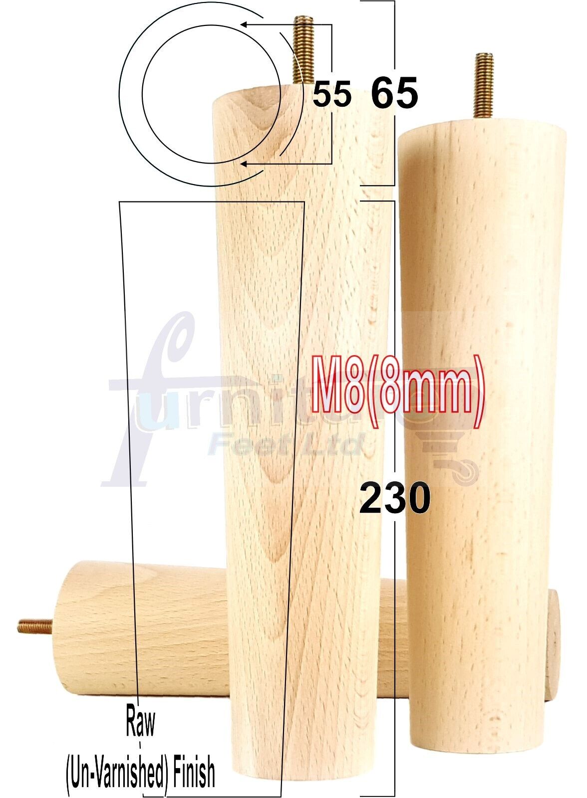 4 Solid Wood Turned Furniture Legs Replacement Bun Feet 230mm High Chairs Stools Sofa Bed Legs Settee & Cabinets M8 Multiple Colours