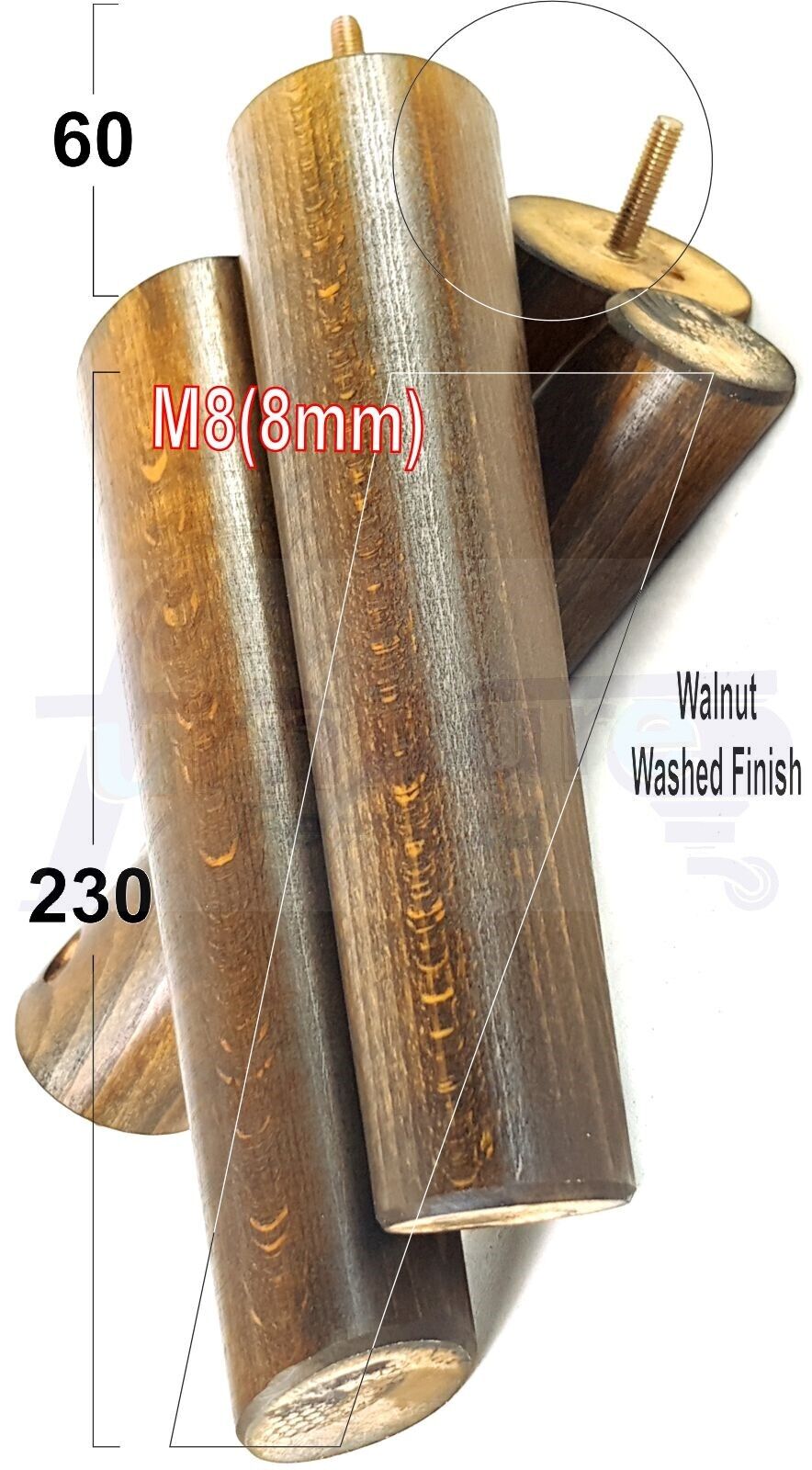 4 Solid Wood Turned Furniture Feet Replacement Mid Centry Angled Retro Legs 230mm High M8 Sofa Chairs Stools Cabinets Beds