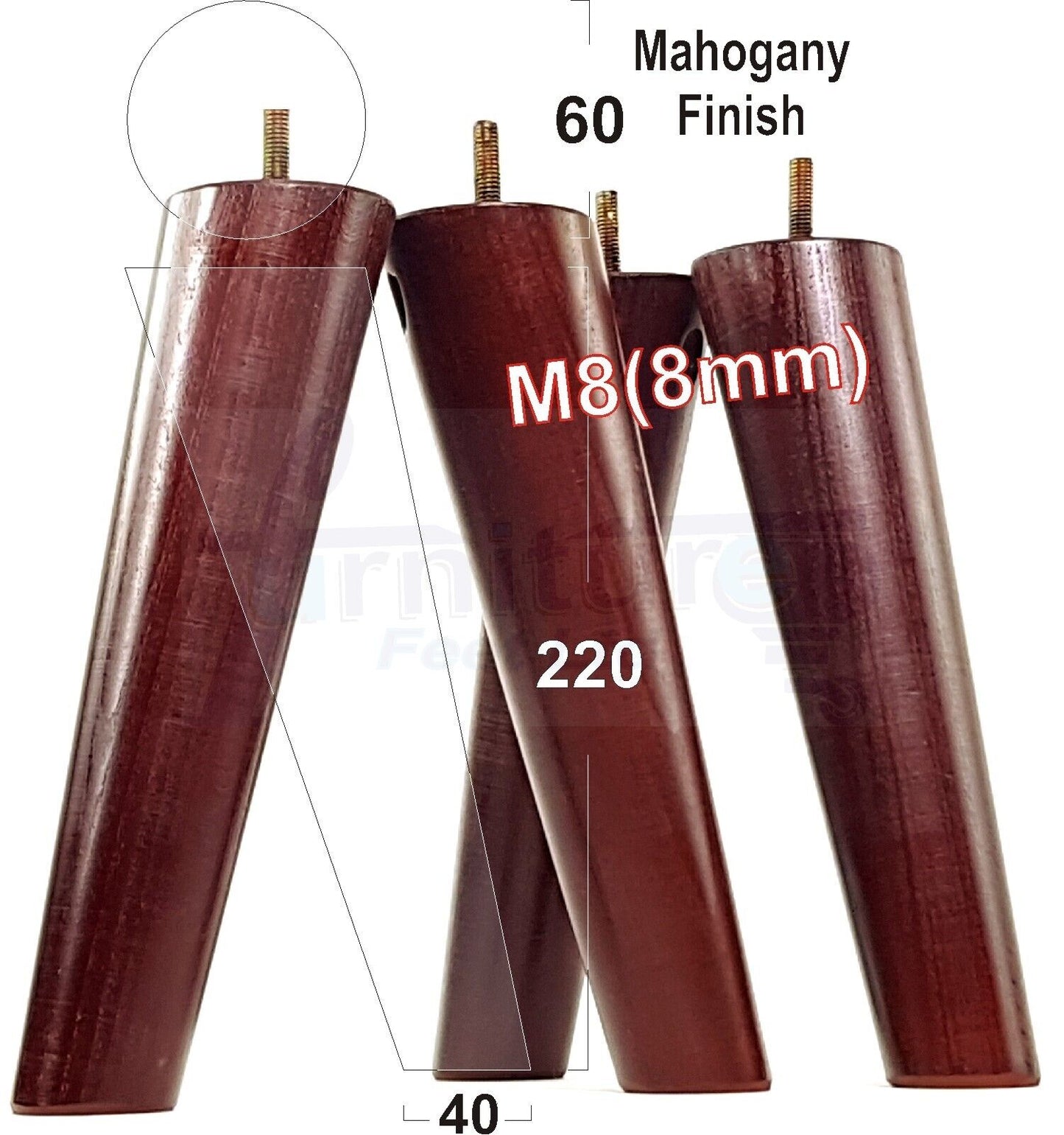 4 Solid Wood Turned Furniture Feet Replacement Mid Centry Angled Retro Legs 220mm High M8 Sofa Chairs Stools Cabinets Beds