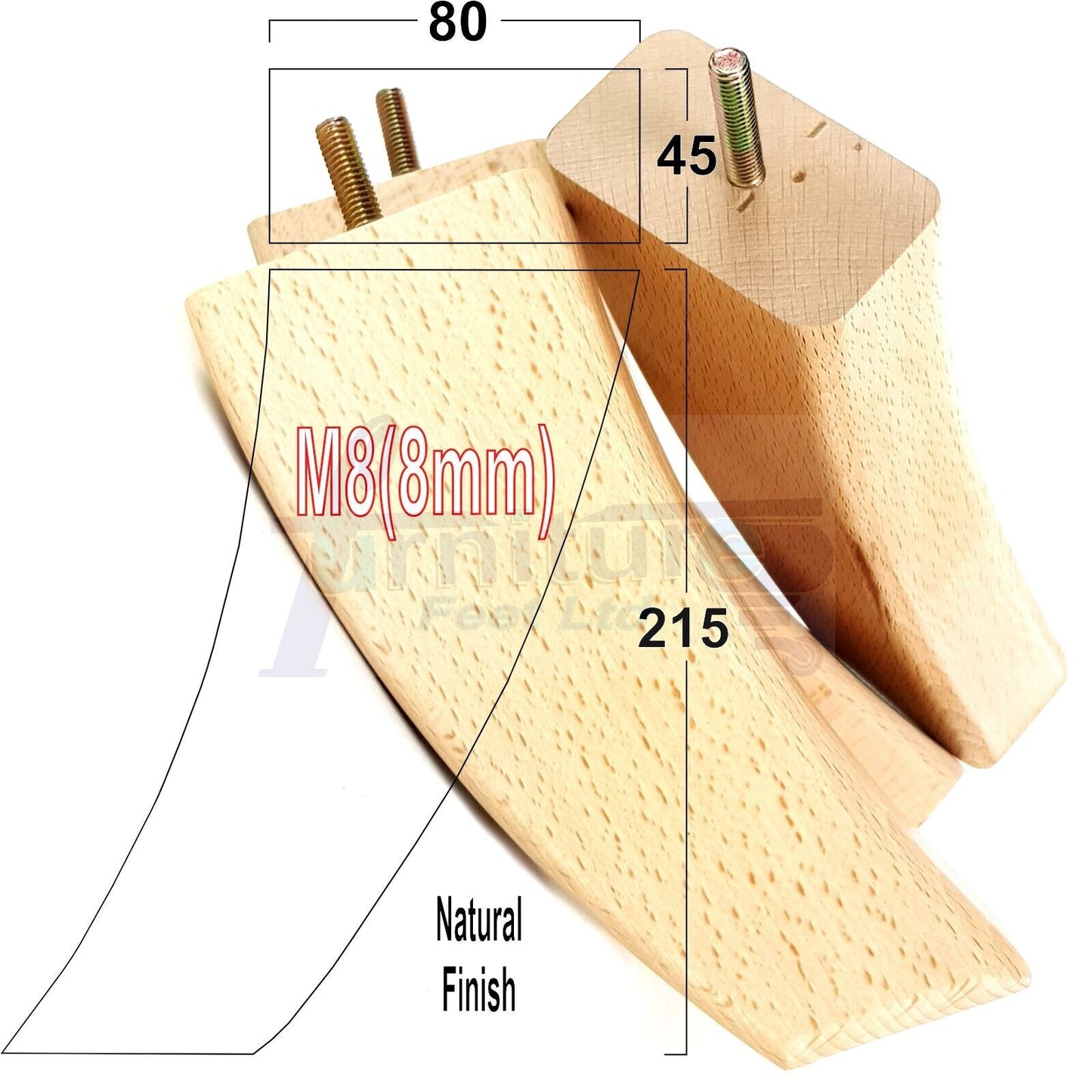 SET OF 4 WOODEN FURNITURE FEET 215mm HIGH REPLACEMENT SOFA LEGS 8mm Thread