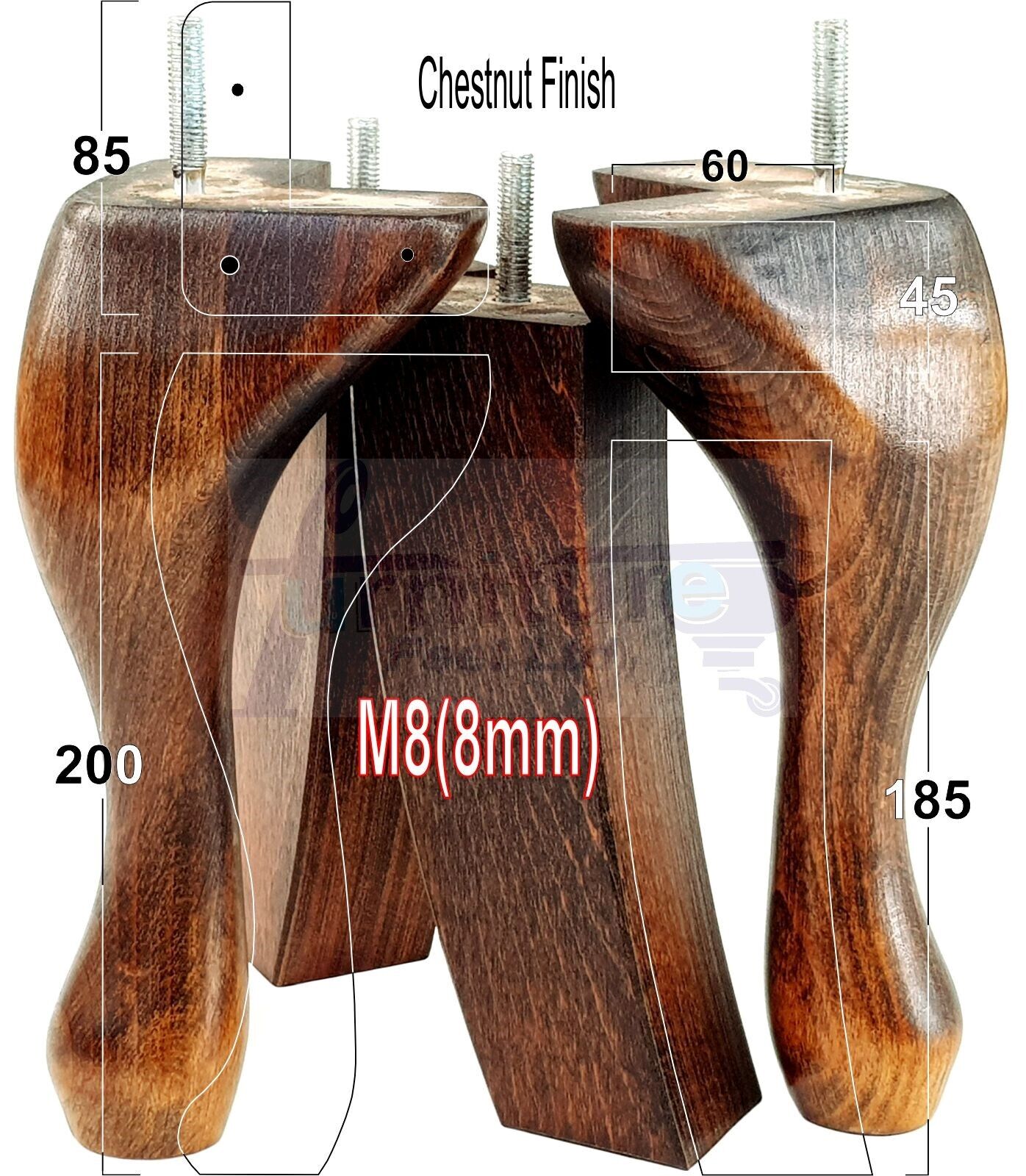 2x Vintage Queen Anne Replacement Furniture Legs & 2x Curved Back Feet 200mm High 8mm Thread