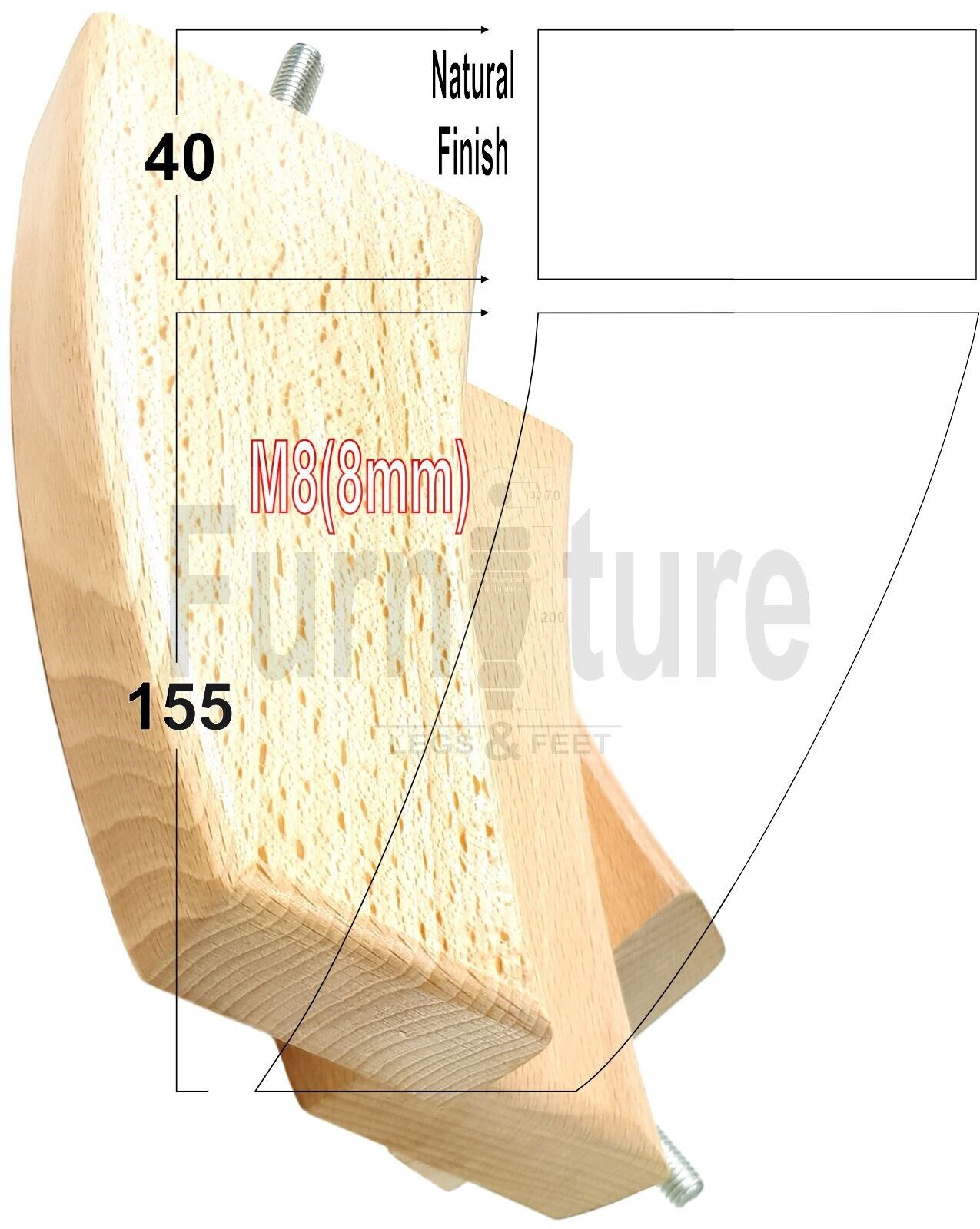 SET OF 4 WOODEN FURNITURE FEET 155mm HIGH REPLACEMENT SOFA LEGS 8mm Thread