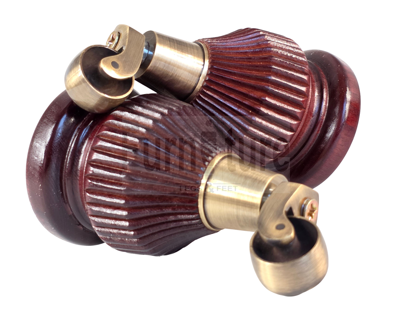 Wood Furniture Legs Replacement Feet 6 Inches with Antique Brass Castors 155mm High M8 Dowl Fixing - Mahogany Finish