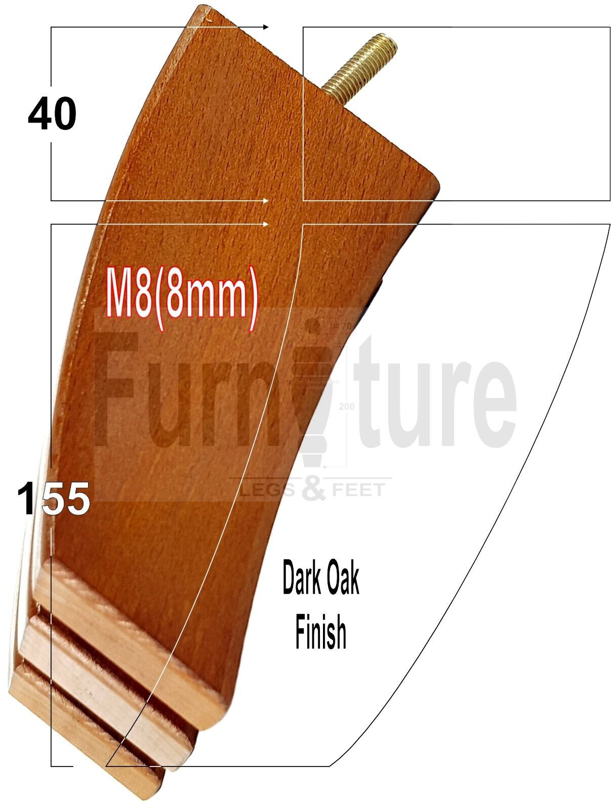 SET OF 4 WOODEN FURNITURE FEET 155mm HIGH REPLACEMENT SOFA LEGS 8mm Thread
