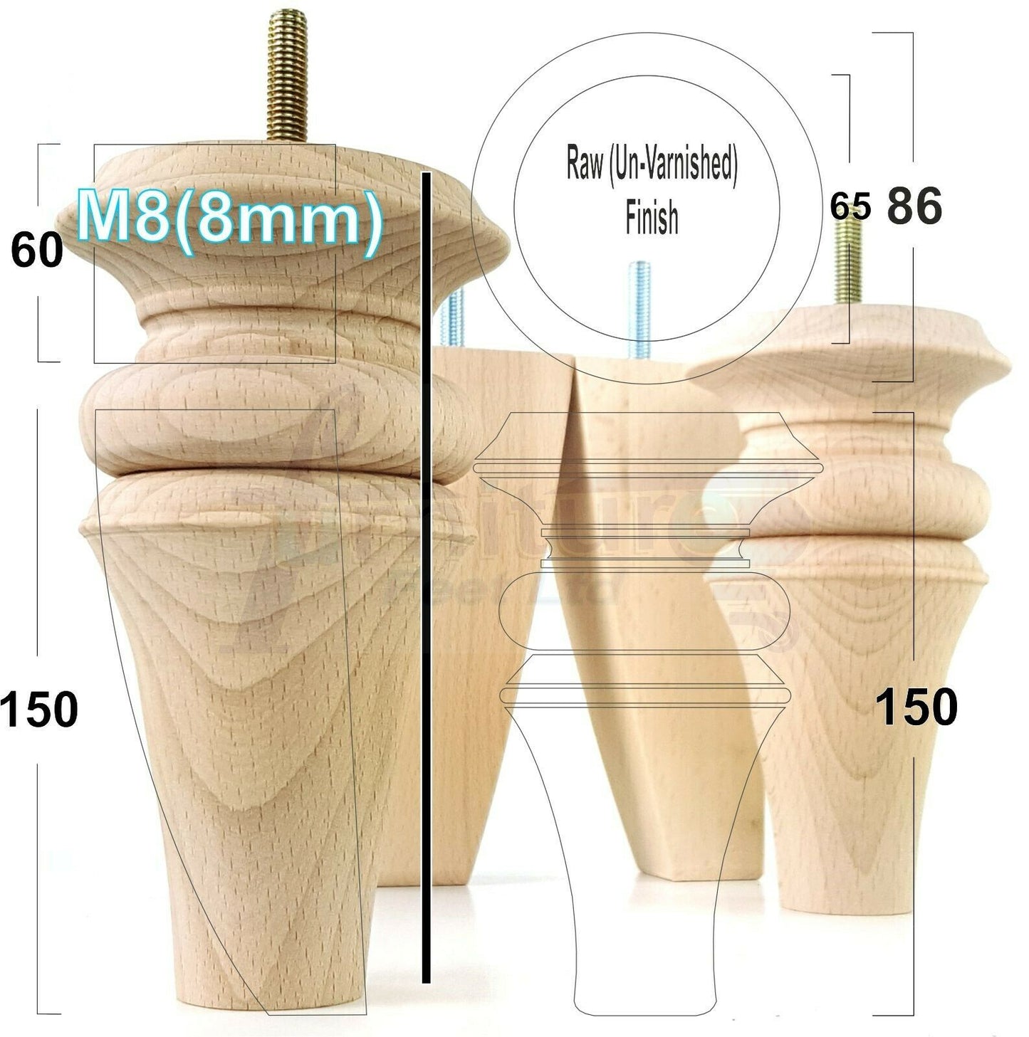 2x Turned & 2x Curved Back Wooden Feet Replacement Furniture Legs 150mm M8(8mm)