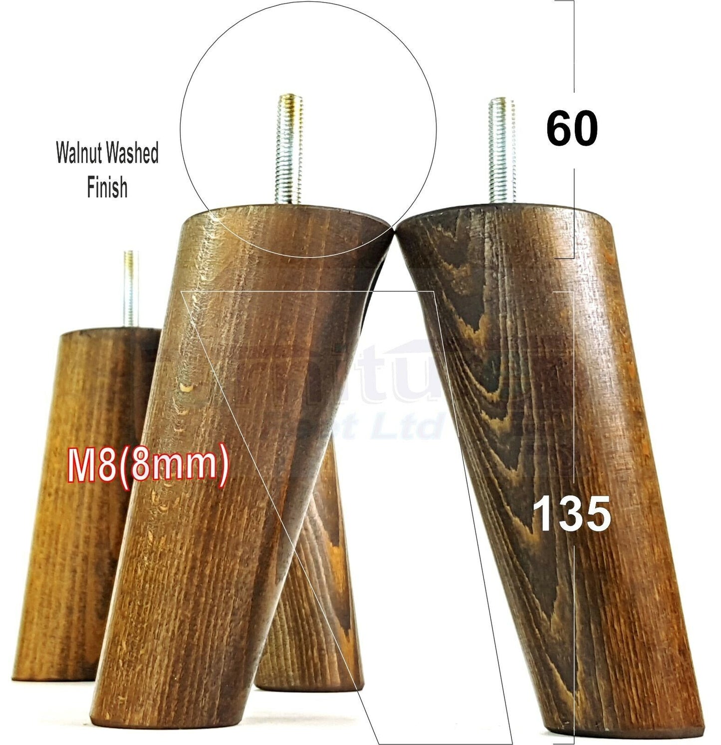 4 Solid Wood Turned Furniture Feet Replacement Mid Centry Angled Retro Legs 135mm High M8 Sofa Chairs Stools Cabinets Beds