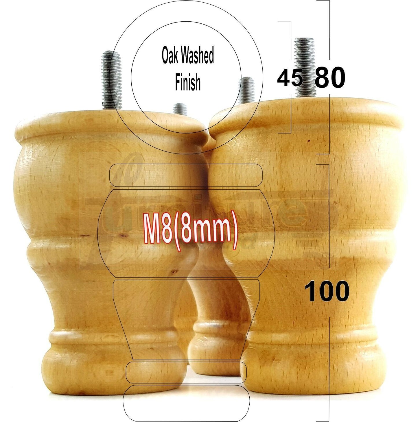 4 Turned Wood Furniture Chair Legs M8 Replacement Sofa Settee Chair Bed Feet 100mm High