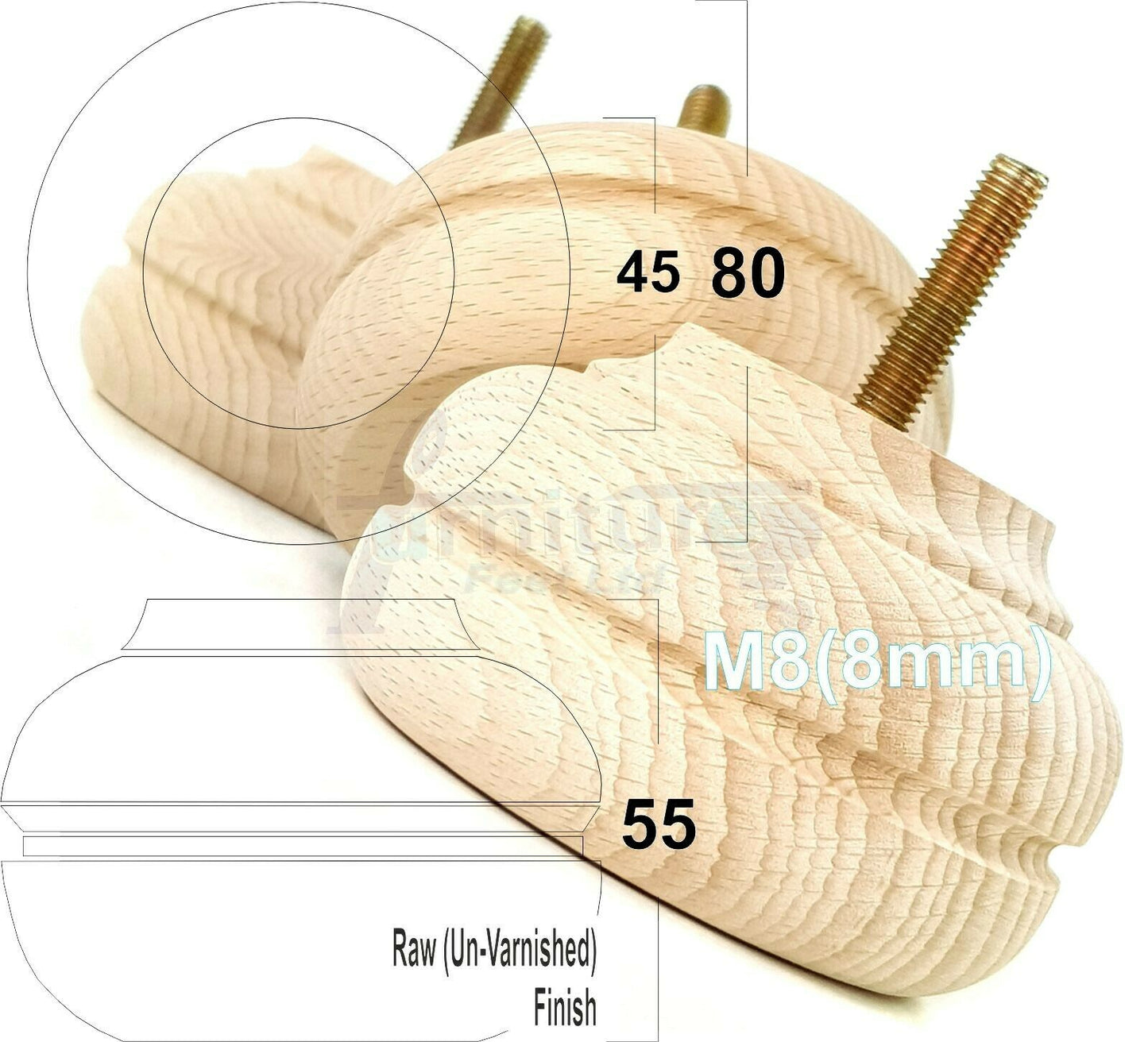4 Wood Replacment Furniture Chair Legs M8 Sofa Settee Bed Stool Feet 55mm High