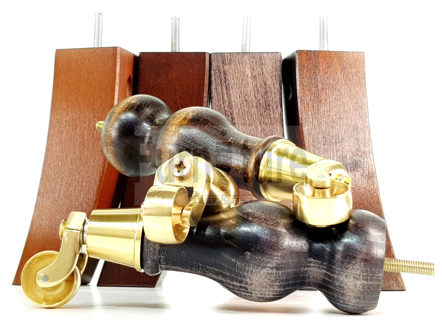 2x Turned Wood Furniture Feet With Brass Castor 155mm and 2 Curved Back Legs 6 Inches 8mm Thread
