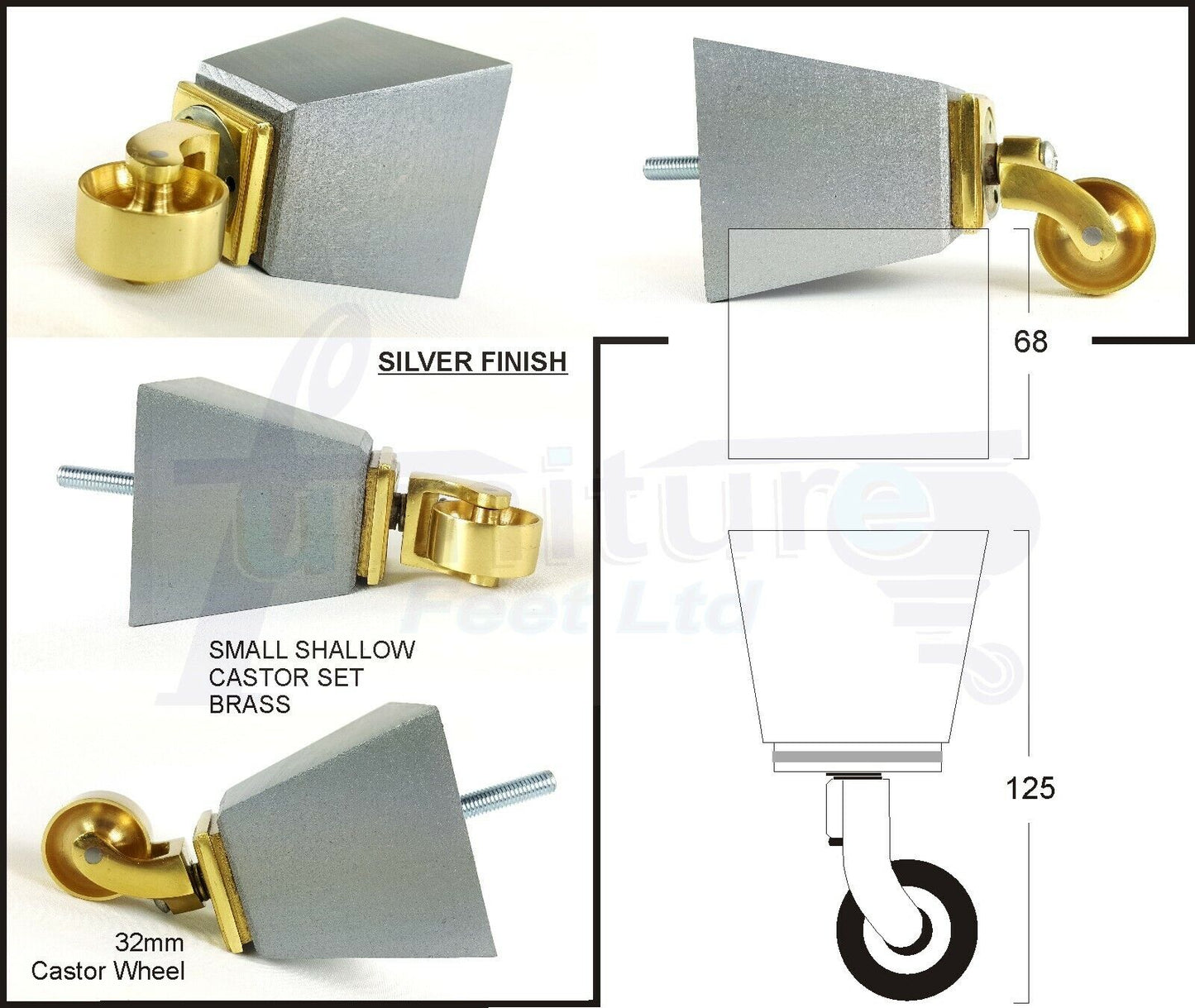 Set Of 4 Wooden Turned Replacement Furniture Legs 125mm High With Brass Castor Wheels 8mm Thread