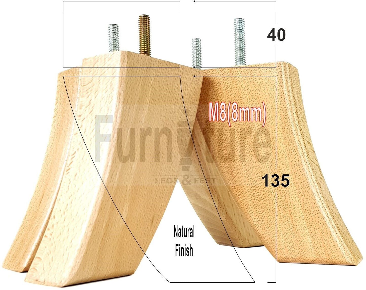 SET OF 4 WOODEN FURNITURE FEET 135mm HIGH REPLACEMENT SOFA LEGS 8mm Thread