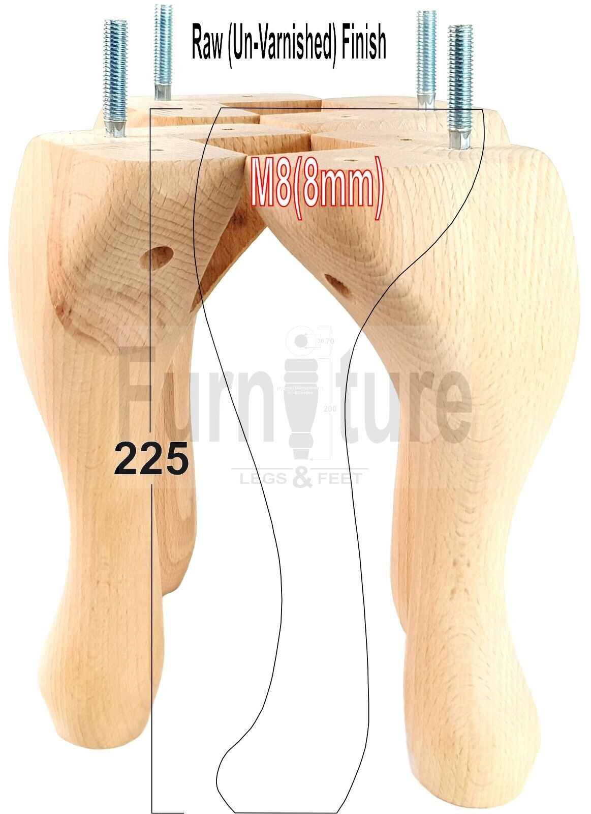 4x Solid Wood Furniture Feet 225mm High Vintage Queen Anne Replacement Legs M8 8 Inches