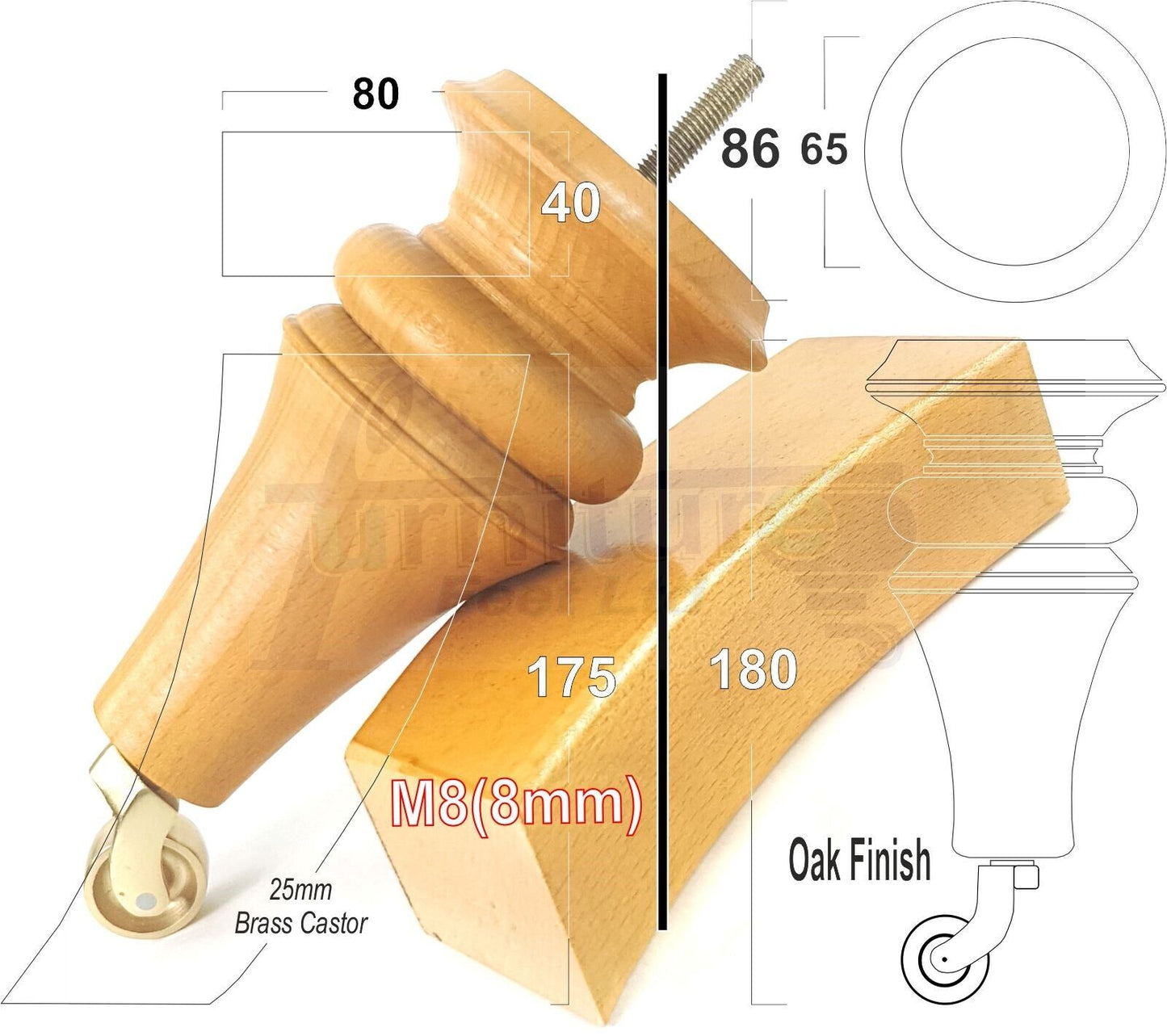 2x Turned & 2x Curved Back Wooden Feet Replacement Furniture Legs 180mm M8(8mm)