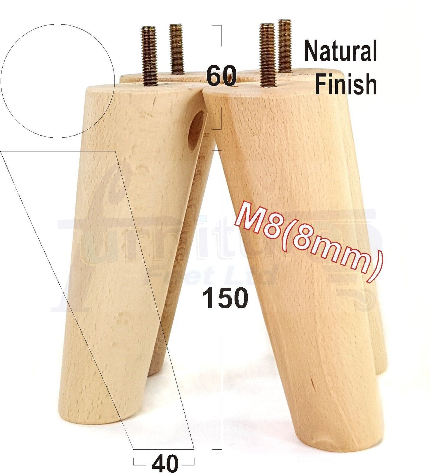 4 Solid Wood Turned Furniture Feet Replacement Mid Centry Angled Retro Legs 150mm High M8 Sofa Chairs Stools Cabinets Beds