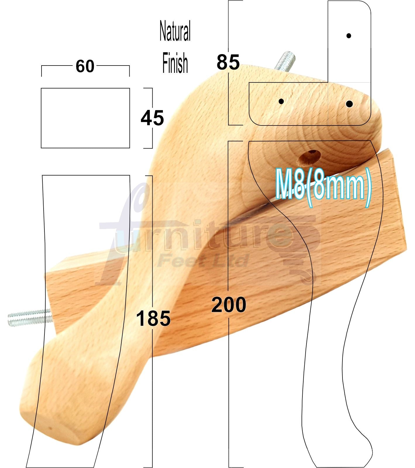 2x Vintage Queen Anne Replacement Furniture Legs & 2x Curved Back Feet 200mm High 8mm Thread