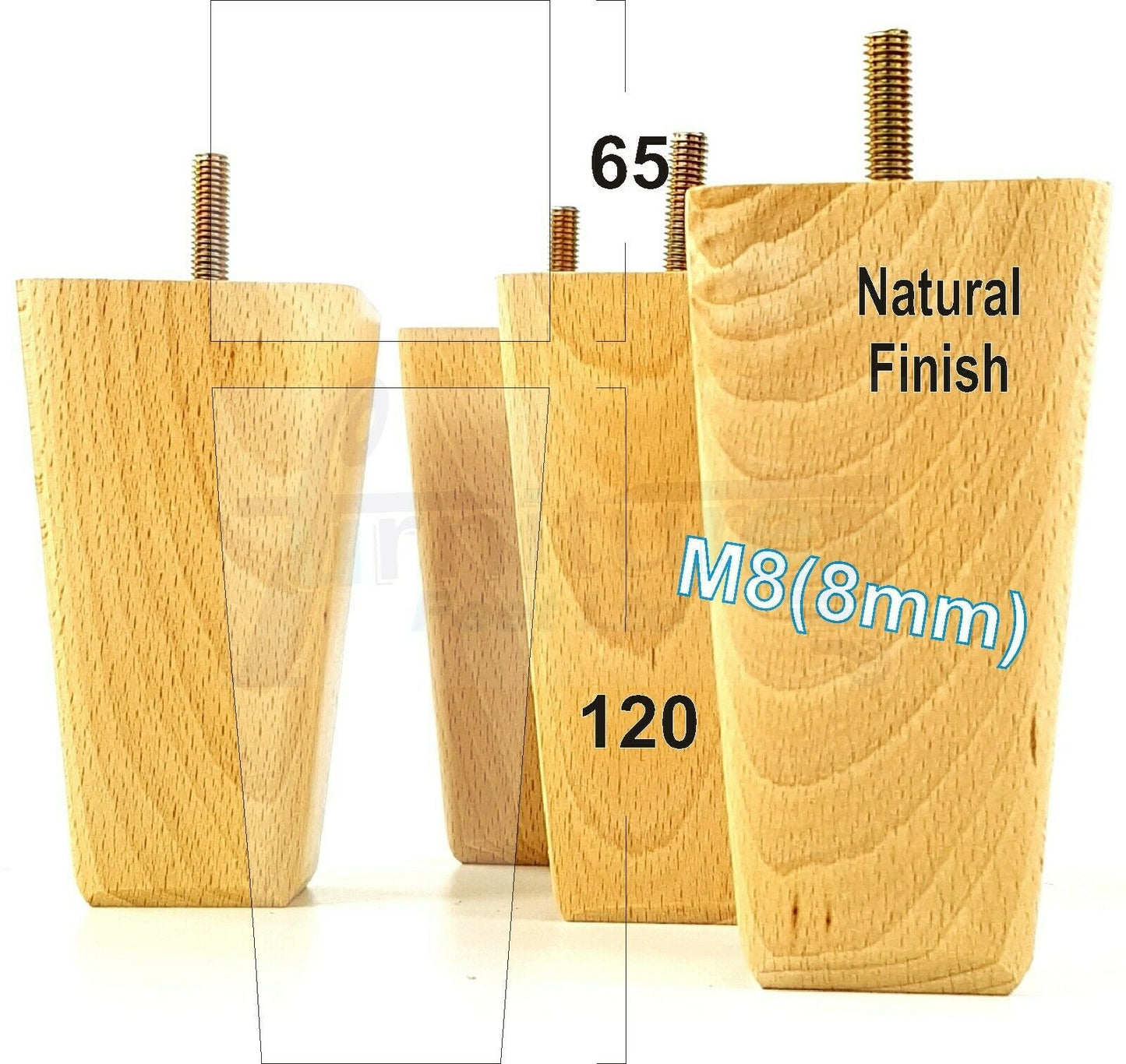 4x Wooden Furniture Legs 120mm High Replacement Square Tapered Feet 8mm
