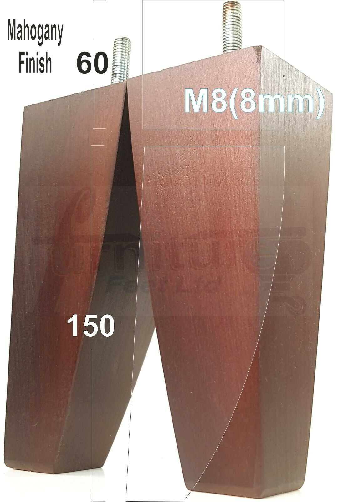 4x Tapered Square Furniture Legs Sofa Feet M8 for Chairs, Settees 150mm High
