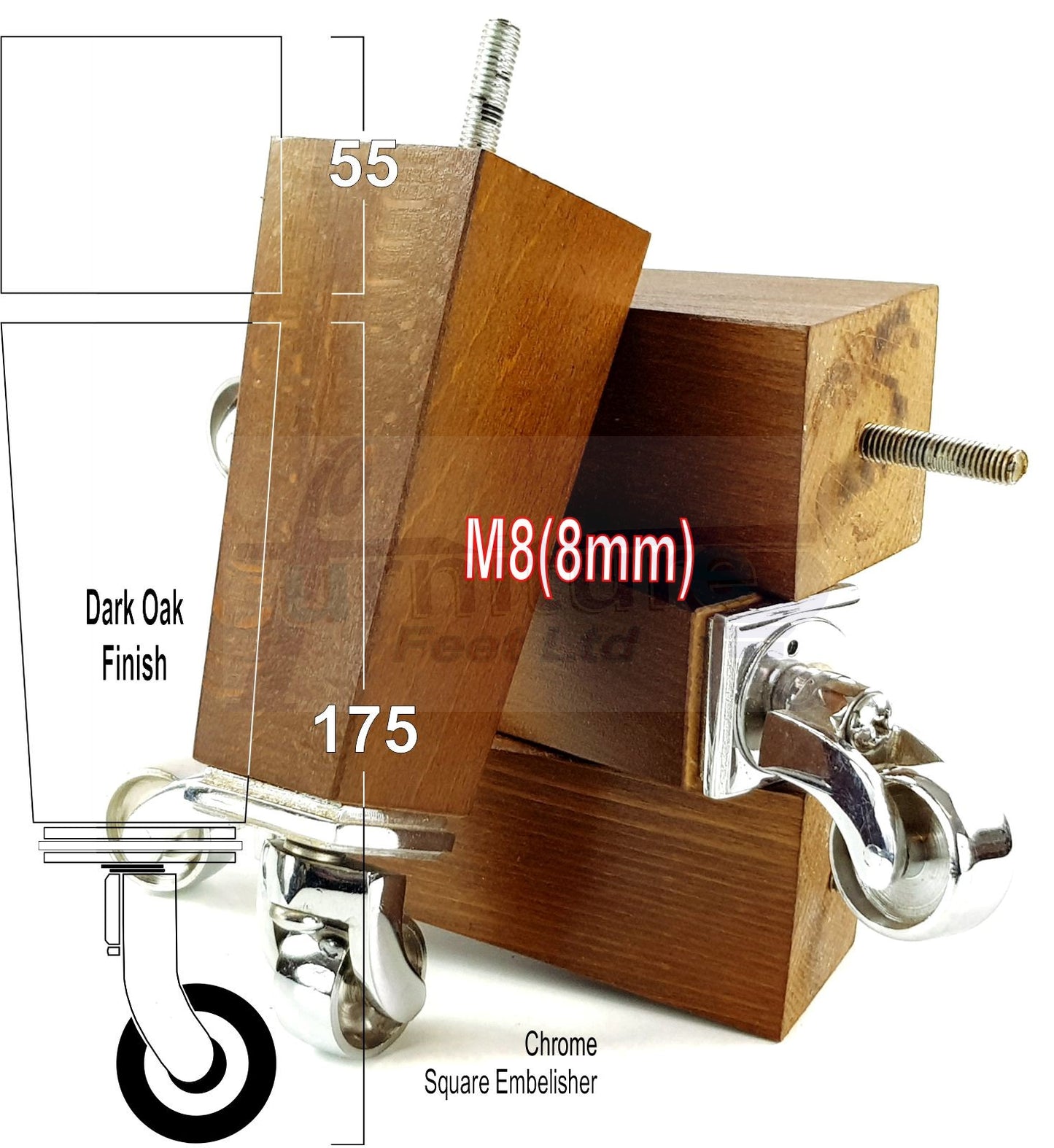 4x Solid Wood Furniture Legs Chair Sofa Bed Replacement Feet 175mm High With Chrome Castors 8mm Thread