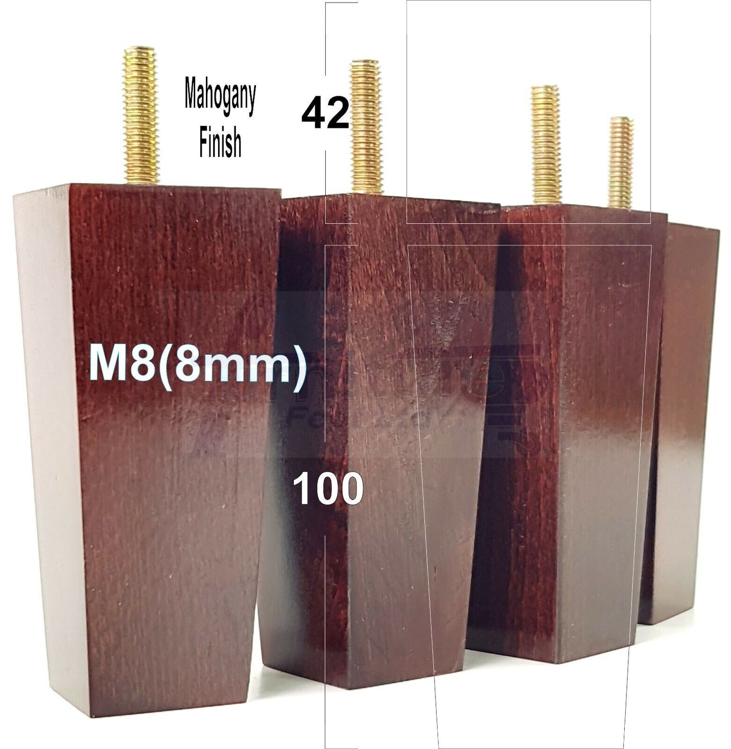 4x Solid Wood Block Furniture Legs Replacement Square Feet 100mm High M8(8mm)