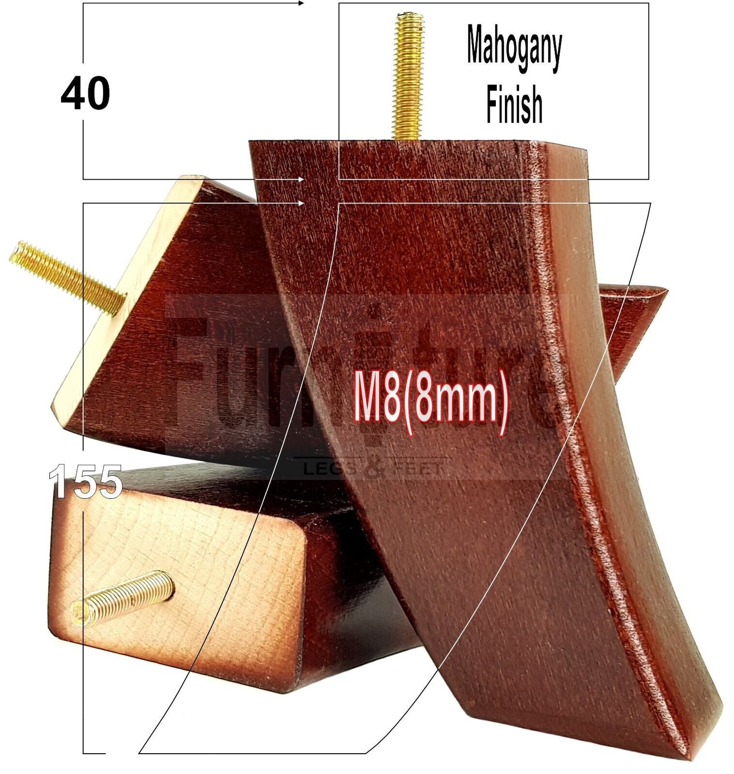SET OF 4 WOODEN FURNITURE FEET 155mm HIGH REPLACEMENT SOFA LEGS 8mm Thread