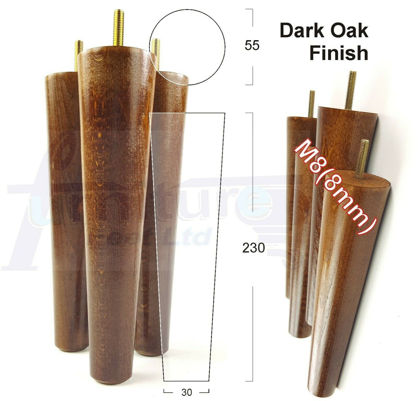4 Solid Retro Wood Replacement Furniture Chair Legs M8 Settee Sofa Feet 230mm High