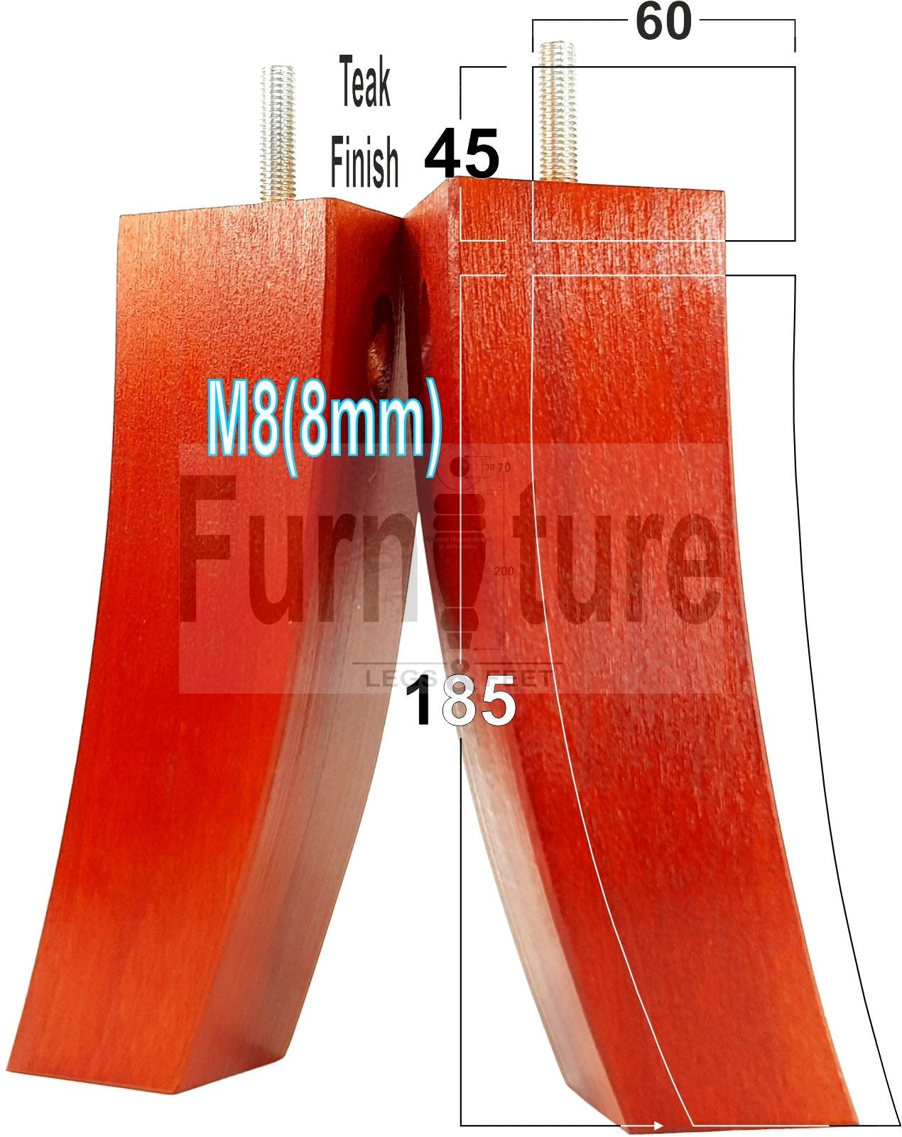 Set Of 4 Solid Wood Curved Furniture Feet Replacement Legs 185mm High M8(8mm)