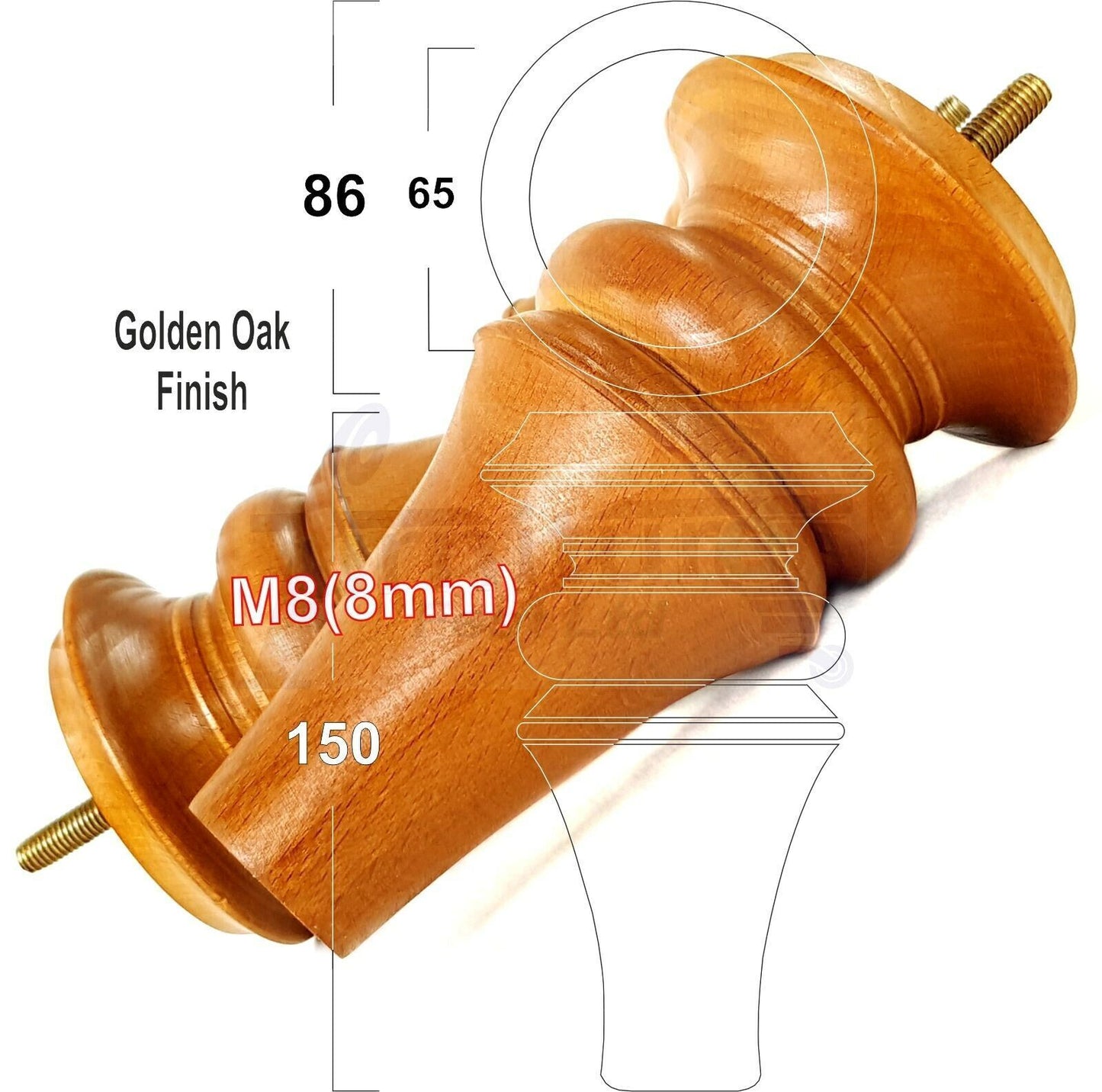4x Turned Furniture Legs 150mm High M8(8mm) Replacement Feet