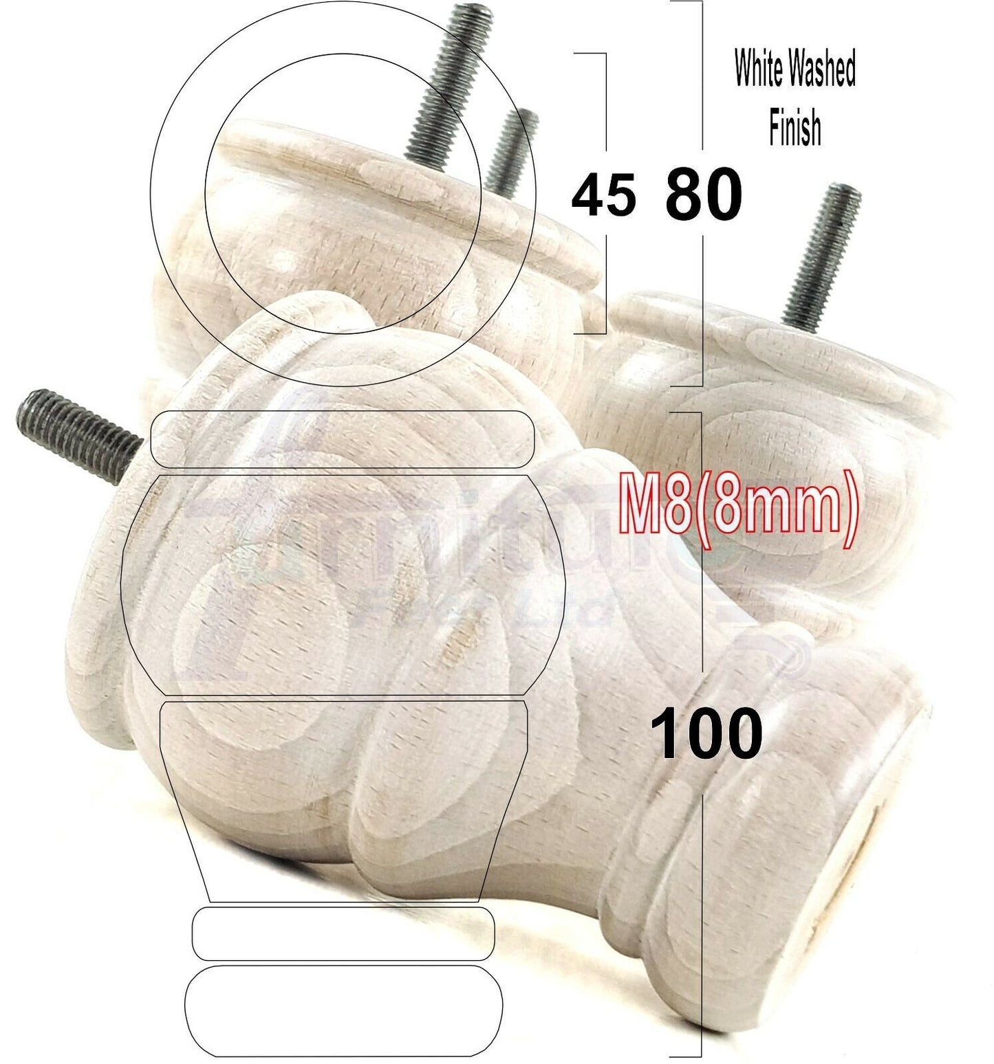 4 Turned Wood Furniture Chair Legs M8 Replacement Sofa Settee Chair Bed Feet 100mm High