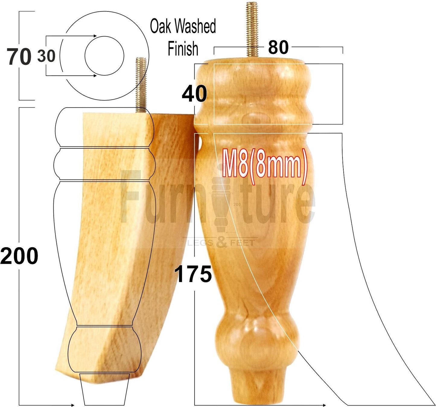 2 Turned Furniture Feet Replacement Sofa Legs 200mm & 2 Curved Back Legs 185mm for Chairs Sofa Settee Cabinets M8