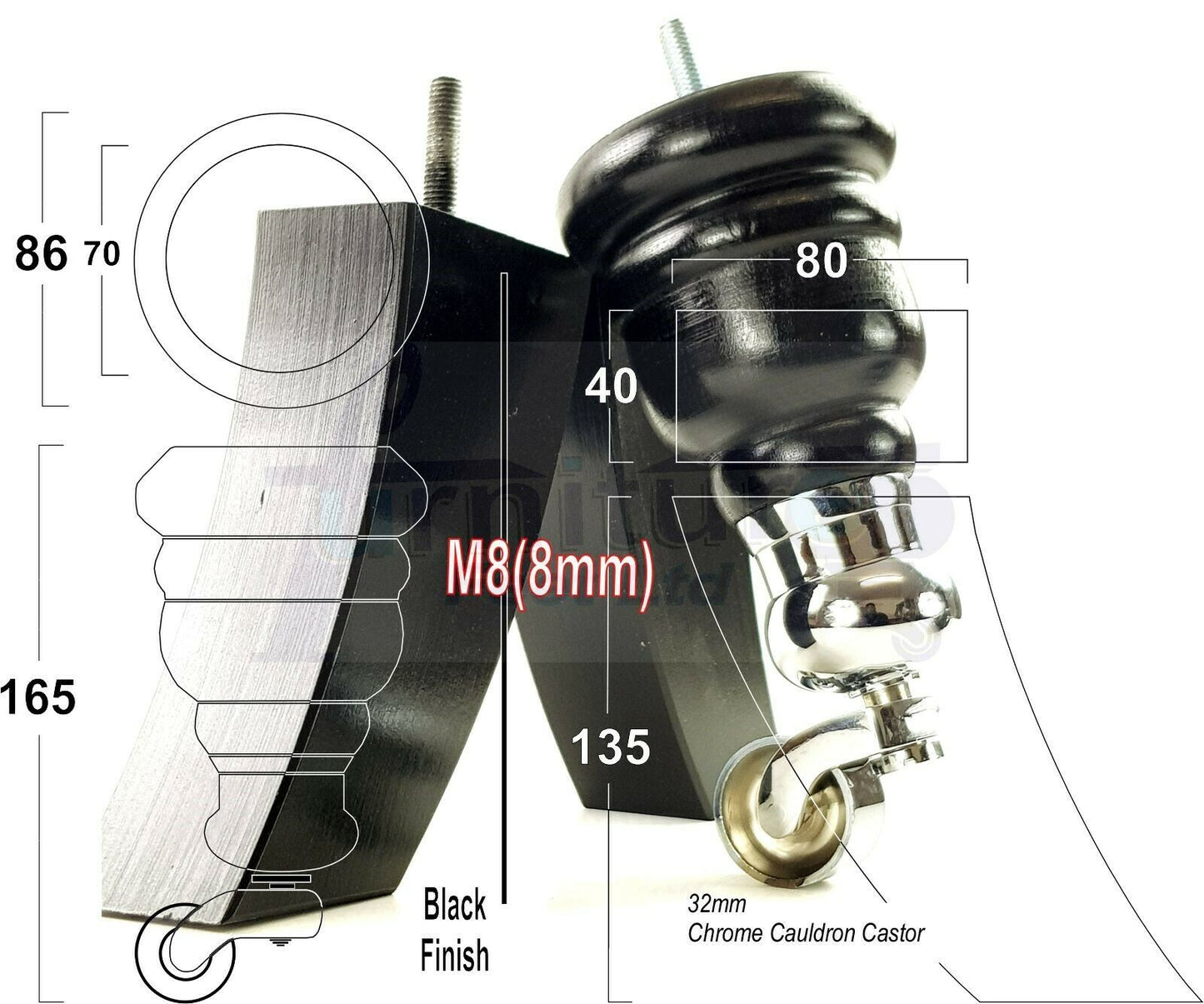 Black Turned Wood Furniture Feet 2 With Castors 155mm and 2 Curved Back Legs Sofas Chairs Stools Cabinets Beds M8 6 Inches