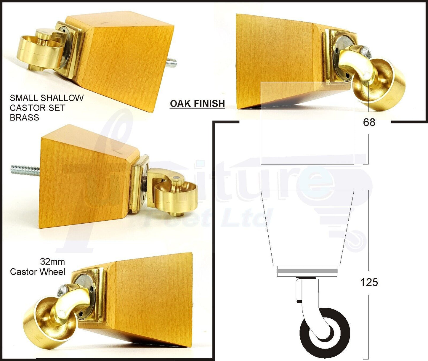 Set Of 4 Wooden Turned Replacement Furniture Legs 125mm High With Brass Castor Wheels 8mm Thread