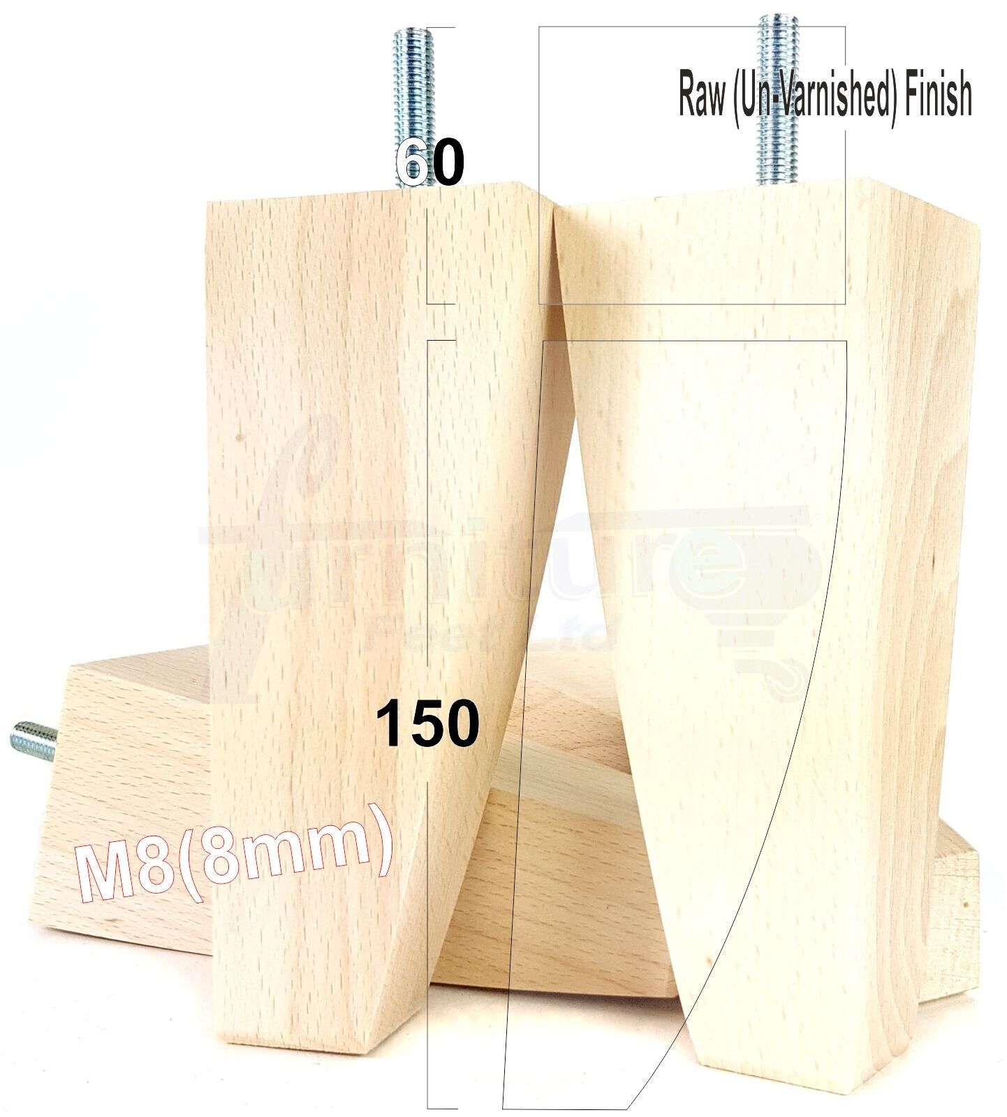 4x Tapered Square Furniture Legs Sofa Feet M8 for Chairs, Settees 150mm High