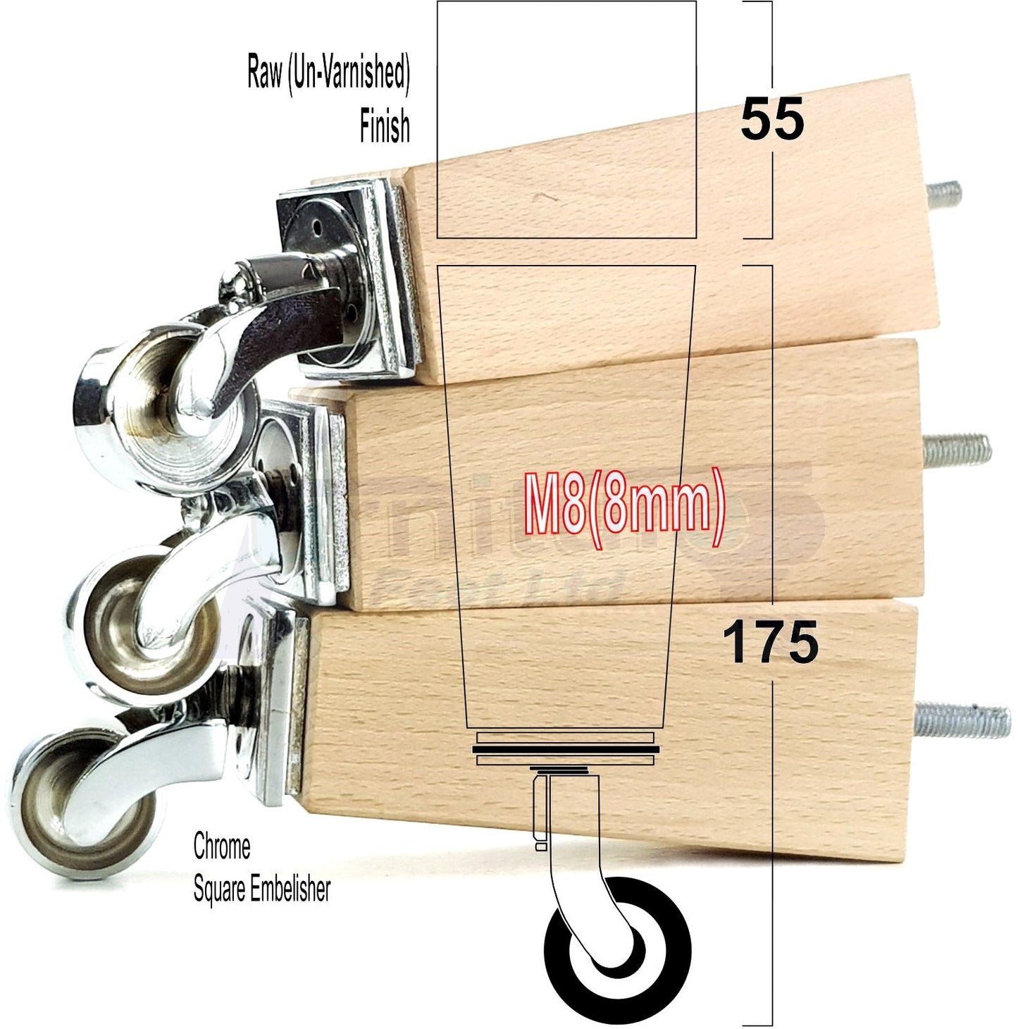 4x Solid Wood Furniture Legs Chair Sofa Bed Replacement Feet 175mm High With Chrome Castors 8mm Thread