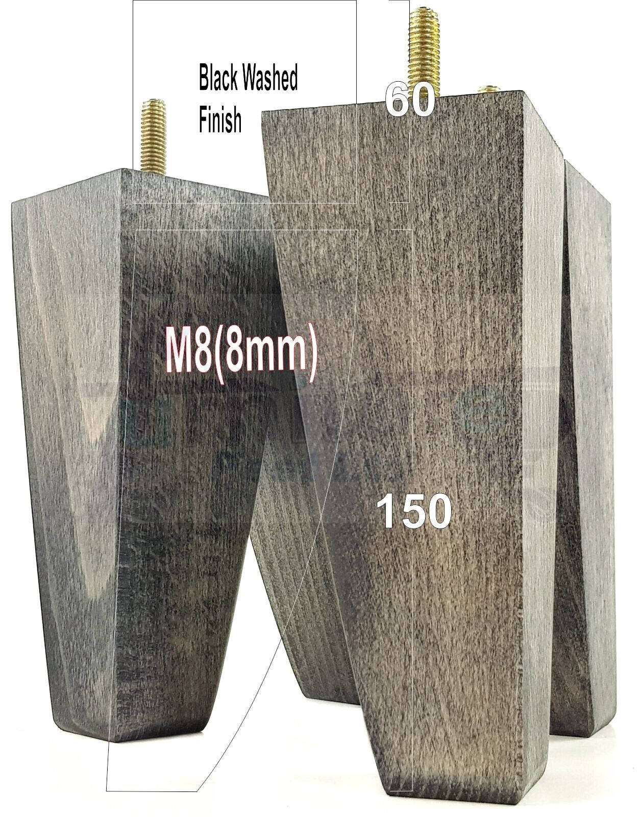 4x Tapered Square Furniture Legs Sofa Feet M8 for Chairs, Settees 150mm High