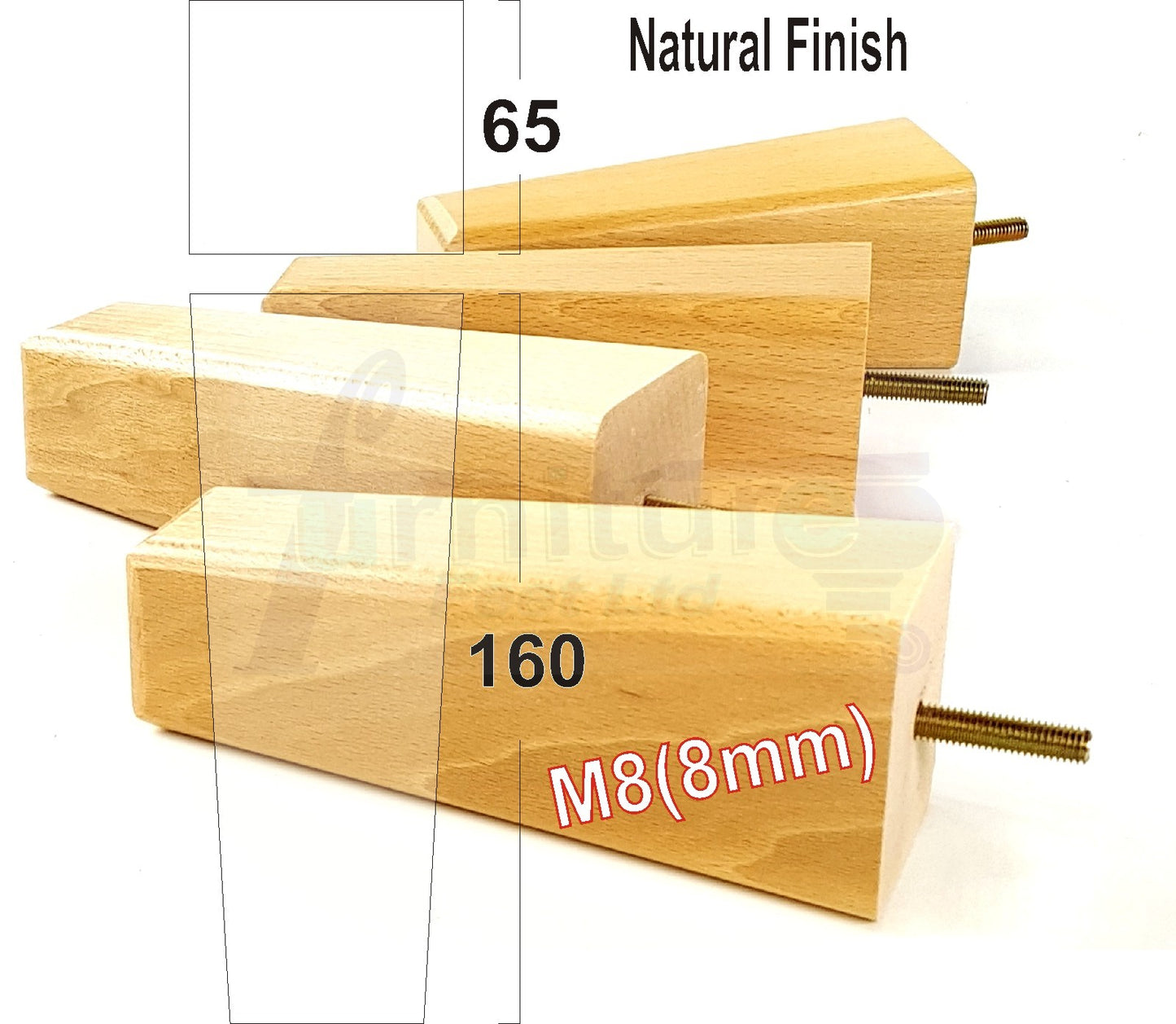 4x Wooden Furniture Legs 160mm High Replacement Square Tapered Feet 8mm