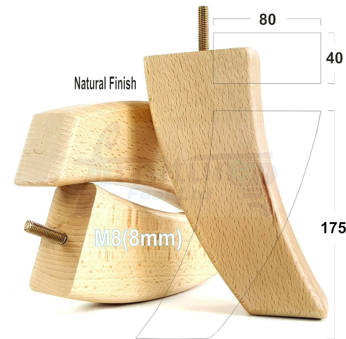 SET OF 4 WOODEN FURNITURE FEET 175mm HIGH REPLACEMENT SOFA LEGS 8mm Thread