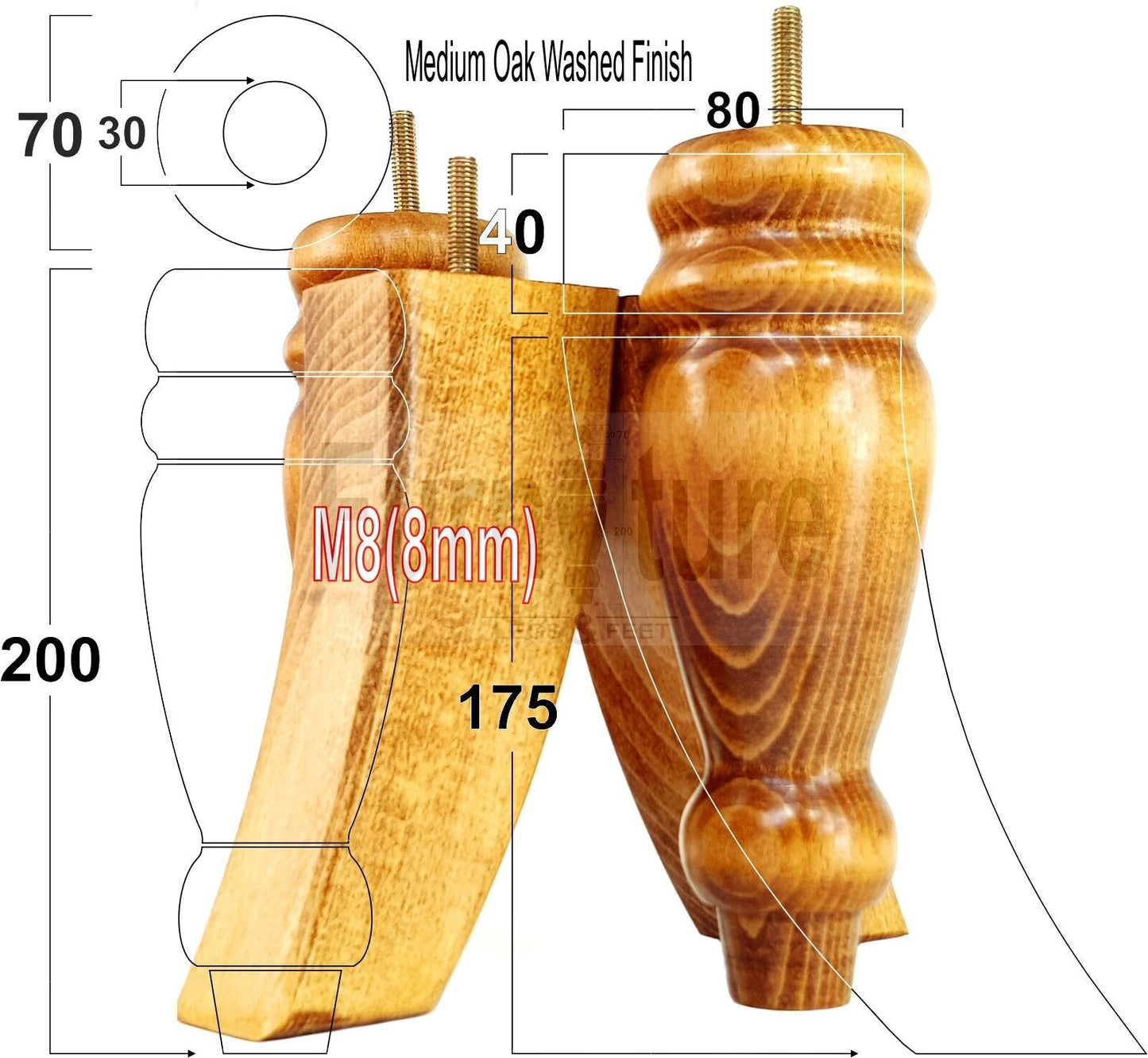 2 Turned Furniture Feet Replacement Sofa Legs 200mm & 2 Curved Back Legs 185mm for Chairs Sofa Settee Cabinets M8