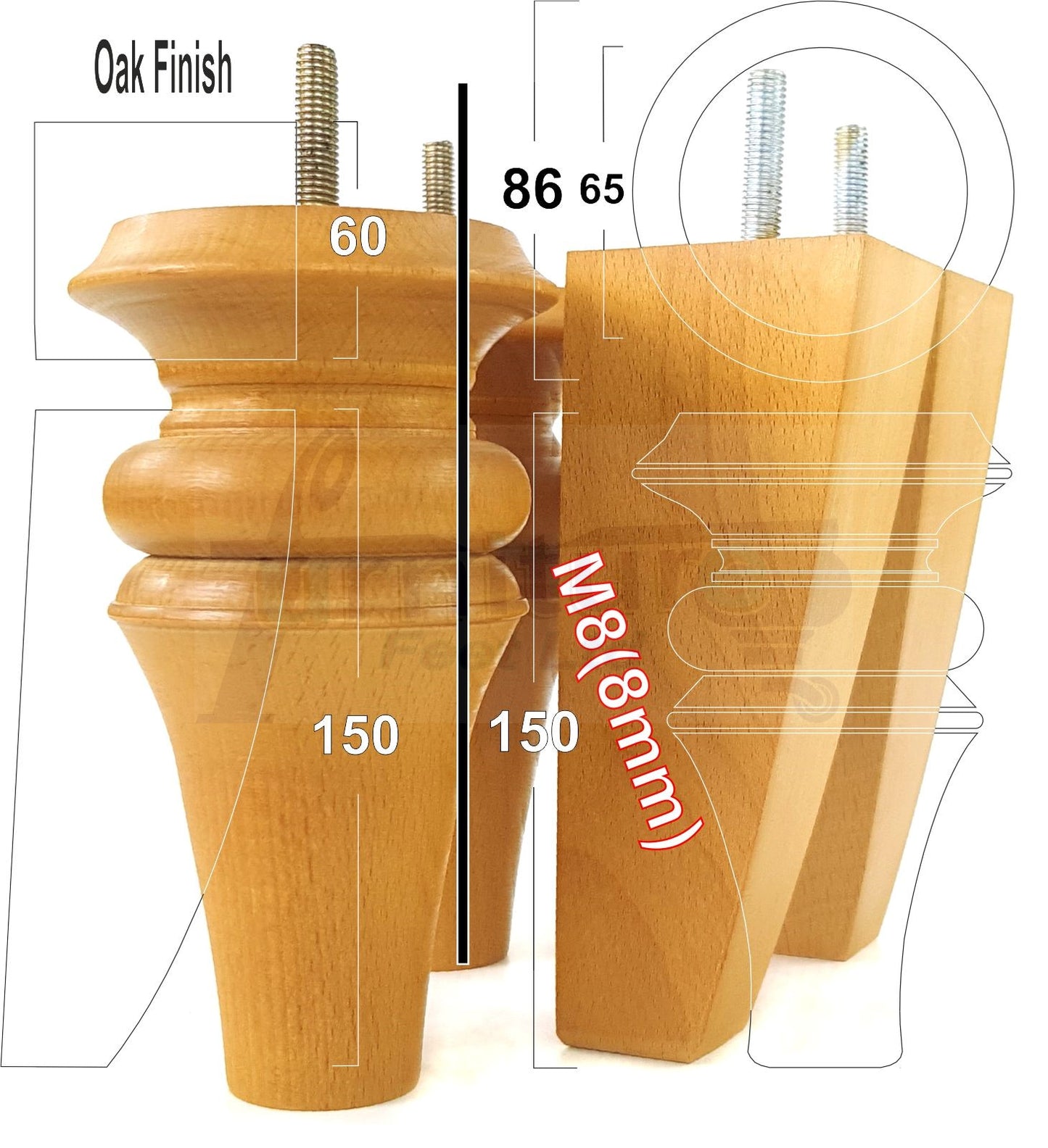 2x Turned & 2x Curved Back Wooden Feet Replacement Furniture Legs 150mm M8(8mm)