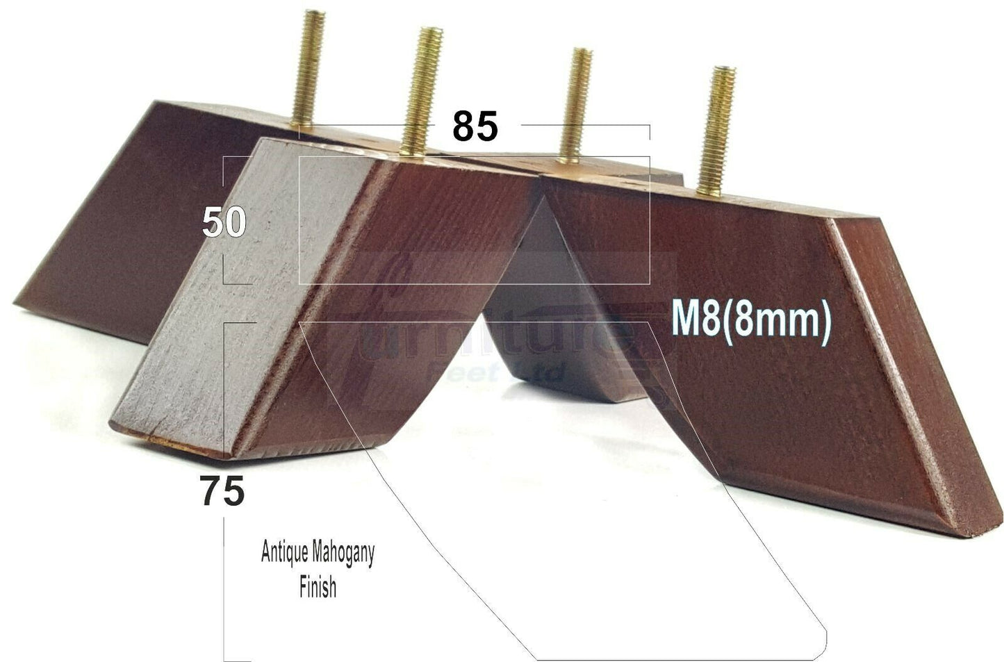 SET OF 4 WOODEN FURNITURE FEET 75mm HIGH REPLACEMENT SOFA LEGS 8mm Thread