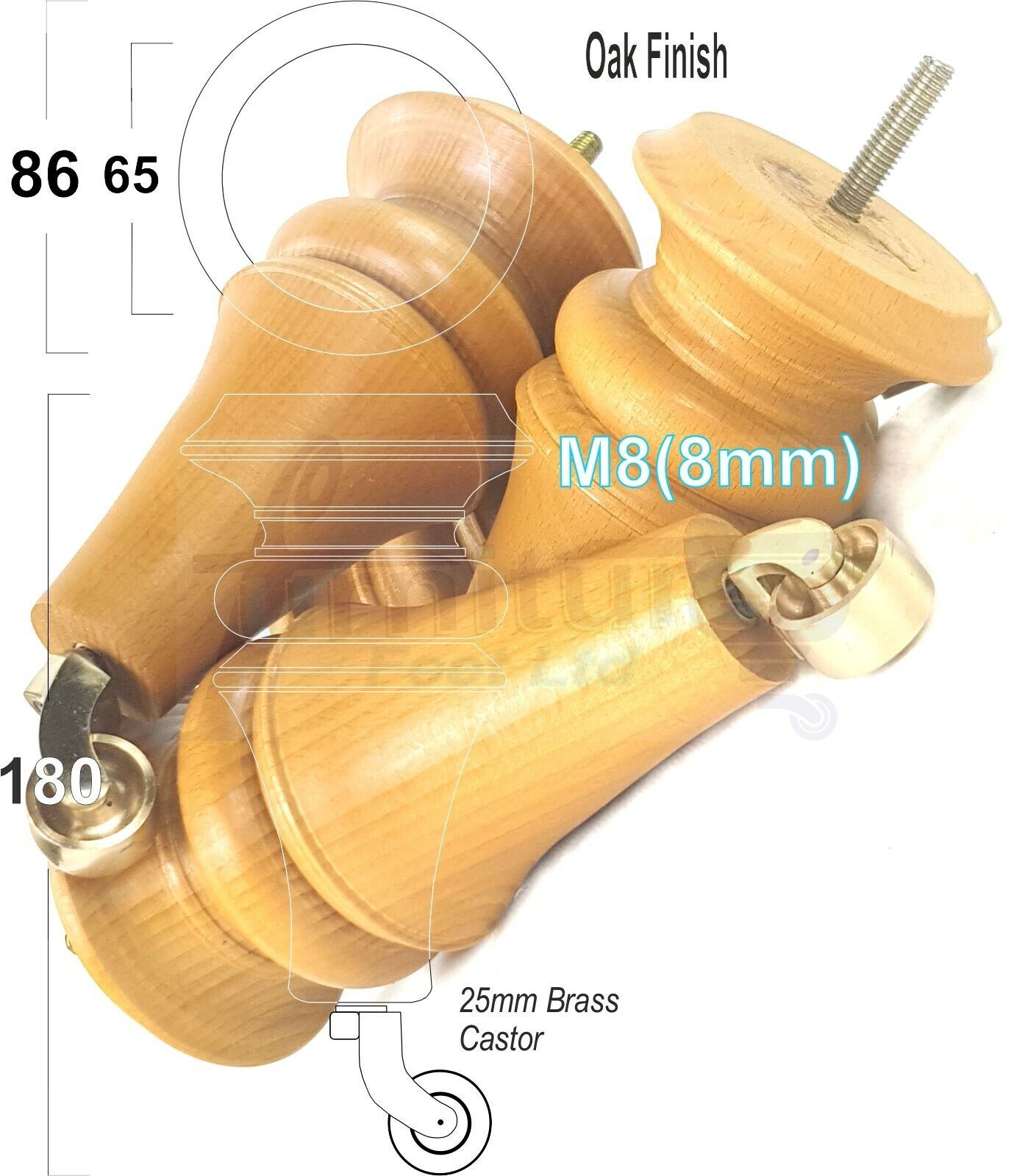 4x Turned Furniture Legs With Brass Castors 180mm High M8(8mm) Replacement Feet
