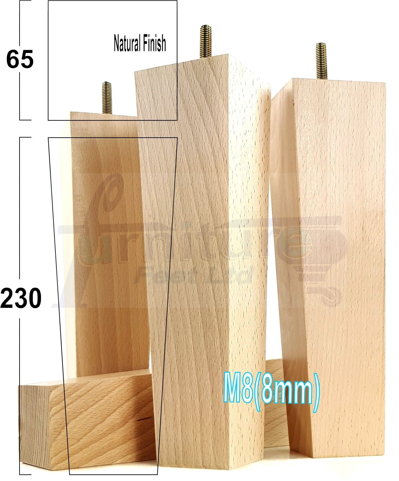 4 Solid Wood Furniture Feet Square Replacement Block Tapered Legs 230mm High M8 Sofa Chairs Stools Cabinets Beds