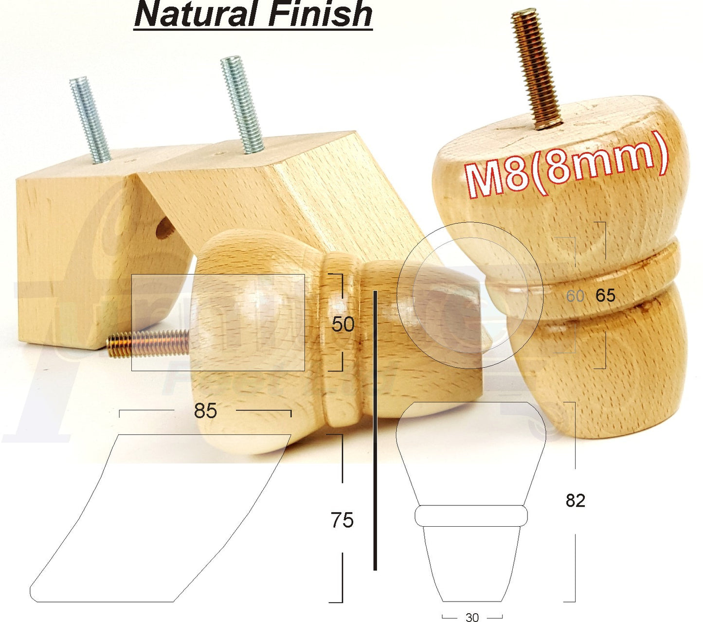 Set Of 2 Turned Wood Repacement Furniture Legs & 2 Curved Back Feet 8mm Thread