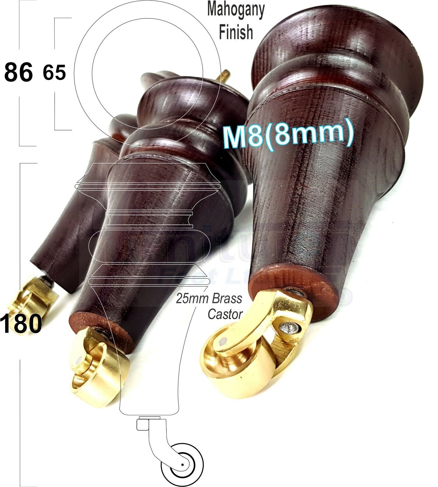 4x Turned Furniture Legs With Brass Castors 180mm High M8(8mm) Replacement Feet