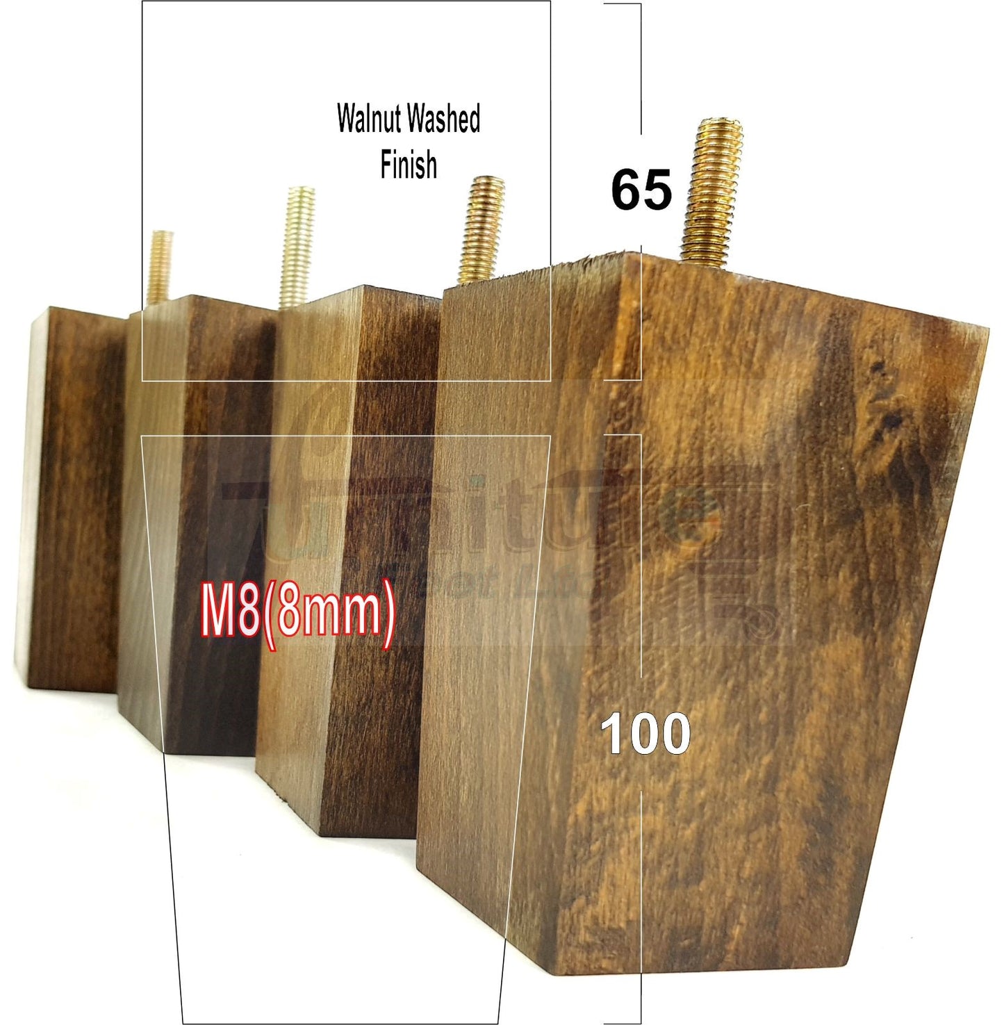 Solid Wood Furniture Feet Square Replacement Block Tapered Legs 100mm High M8 Set of 4 Sofa Chairs Stools Cabinets Beds