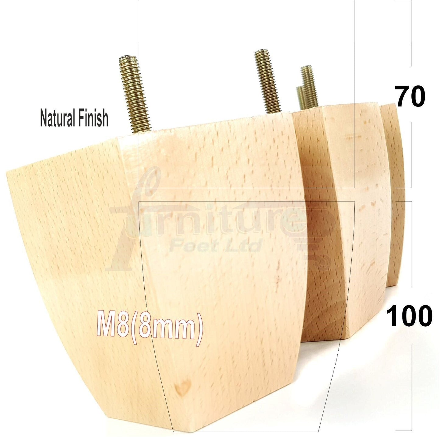 Set Of 4 Solid Wood Square Block Furniture Feet Replacement Legs 100mm High M8(8mm)