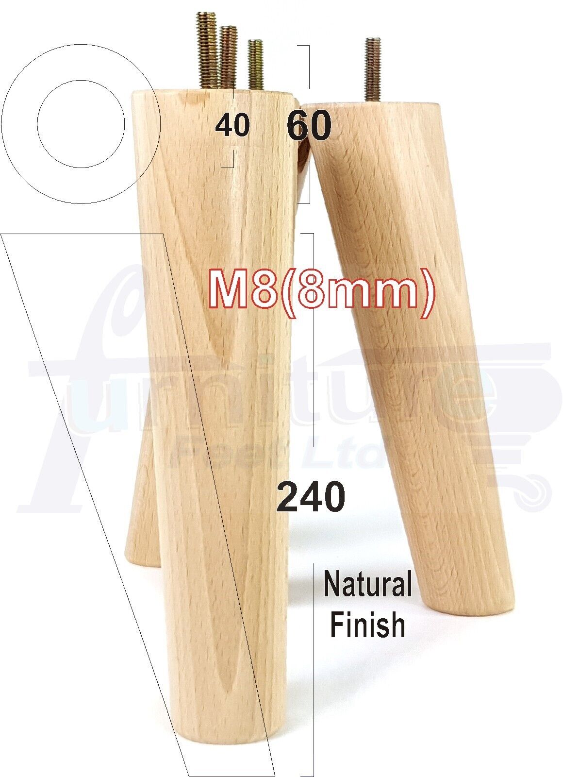 4x Wood Replacement Angled Furniture Chair Legs M8 Settee Sofa Feet 240mm High