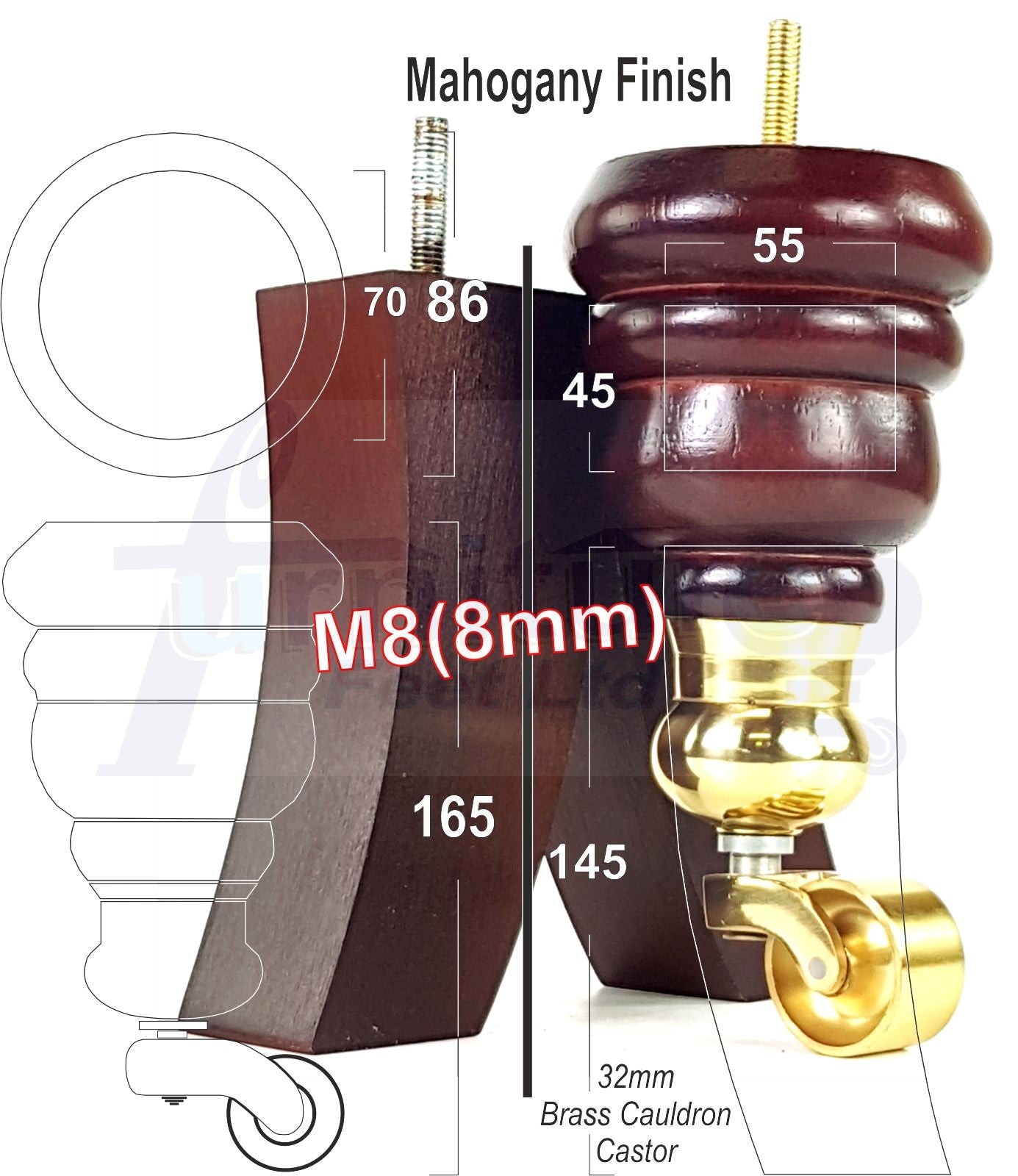 Mahogany Turned Wood Furniture Feet 2 With Castors 155mm and 2 Curved Back Legs Sofas Chairs Stools Cabinets Beds M8 6 Inches